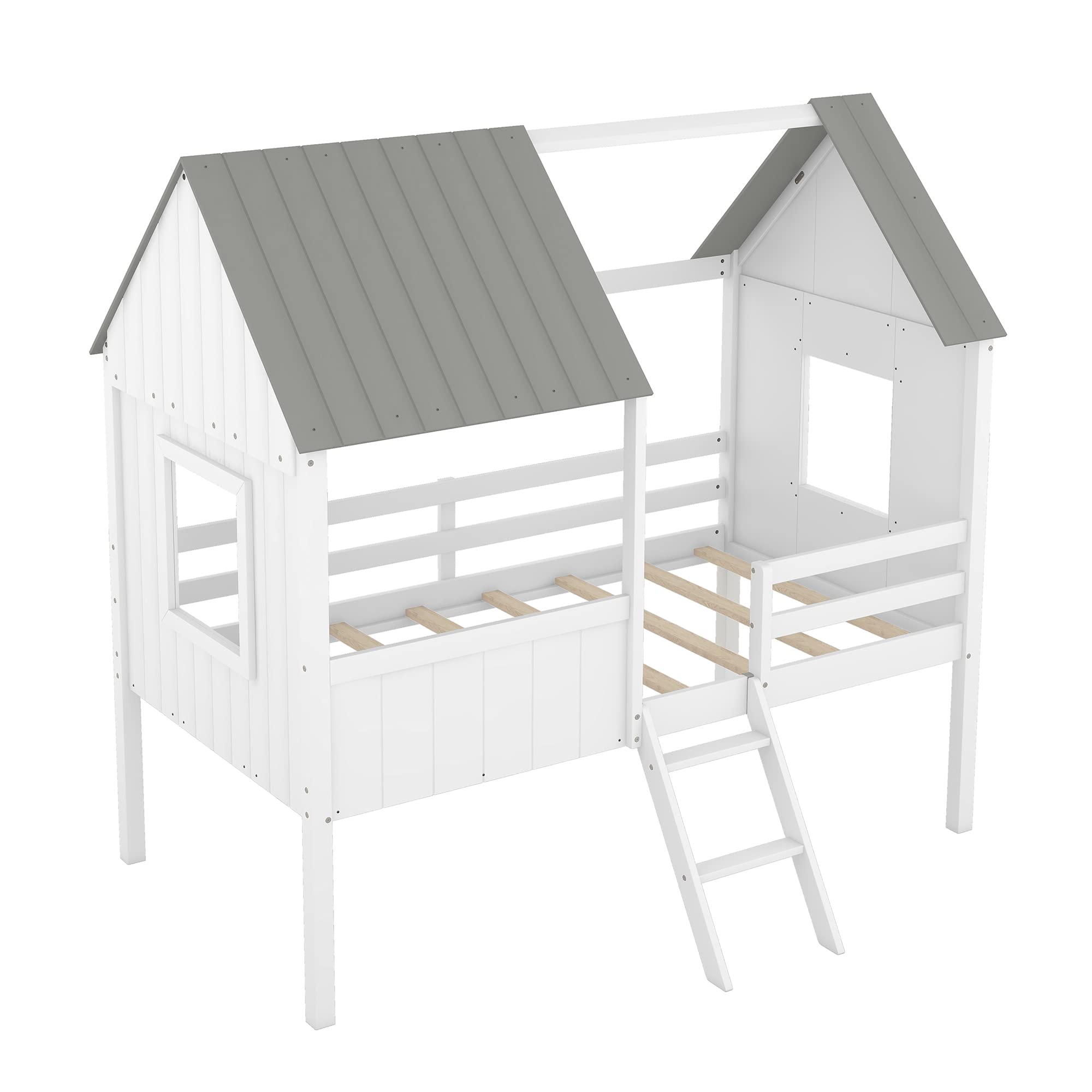 Harper & Bright Designs Twin Size Wooden House Bed Frame for Kids & Teens - Low Loft Bed with Side Windows & Roof - No Box Spring Needed (White+Gray) - Perfect for Small Bedrooms, Playrooms & Kids' Sleepovers