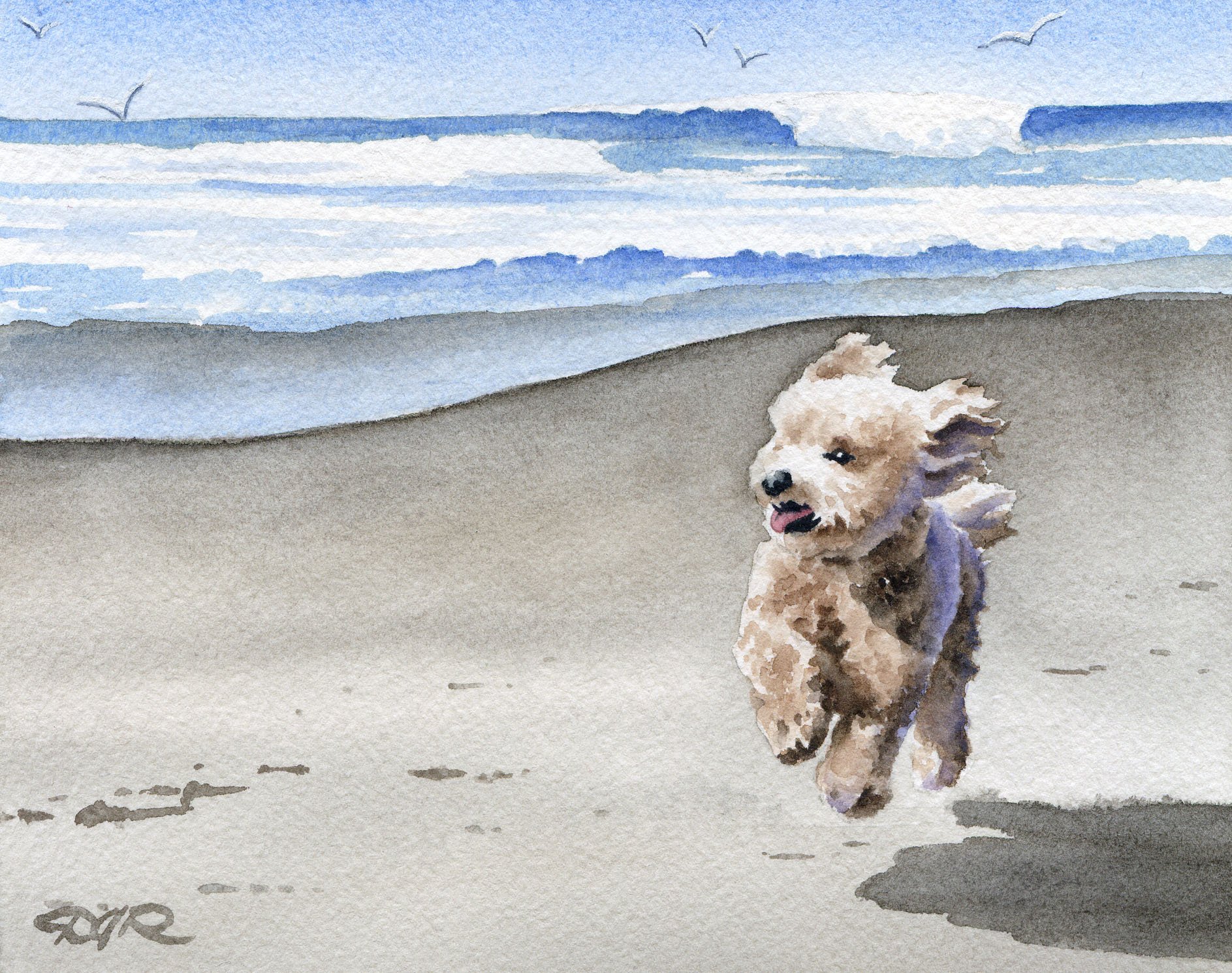 Apricot Poodle at The Beach Watercolor Art Print - Oversized Wall Decor by Artist DJ Rogers | Perfect for Living Room, Bedroom & Office Decor