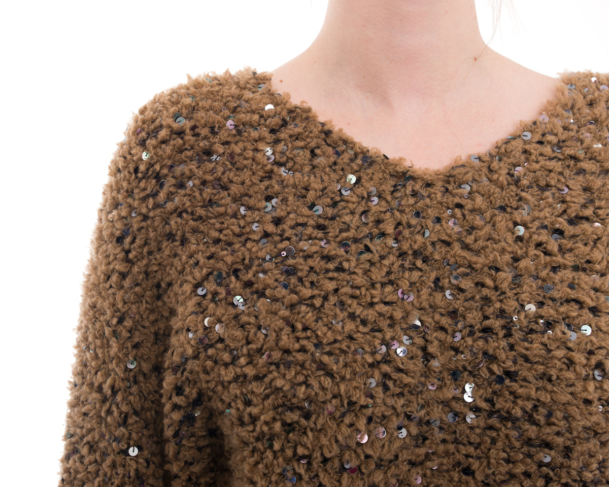 Brunello Cucinelli Women's Caramel Brown Sequin Embellished Textured Crop Sweater Size M - Perfect for Holiday Parties & Evening Events
