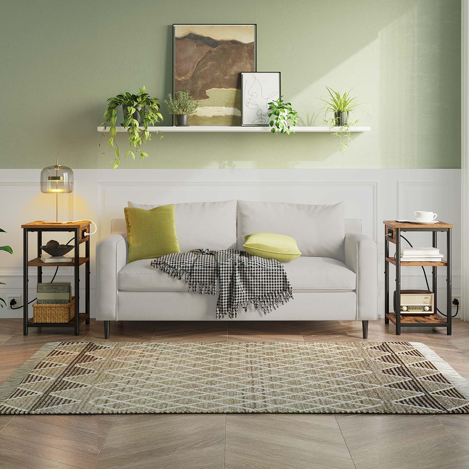 Rolanstar Small End Table with USB Charging Station & 3 Storage Shelves - Narrow Nightstand for Bedroom, Living Room - Rustic Brown Side Table Perfect for Small Spaces | Ideal for Charging Devices & Organizing Essentials