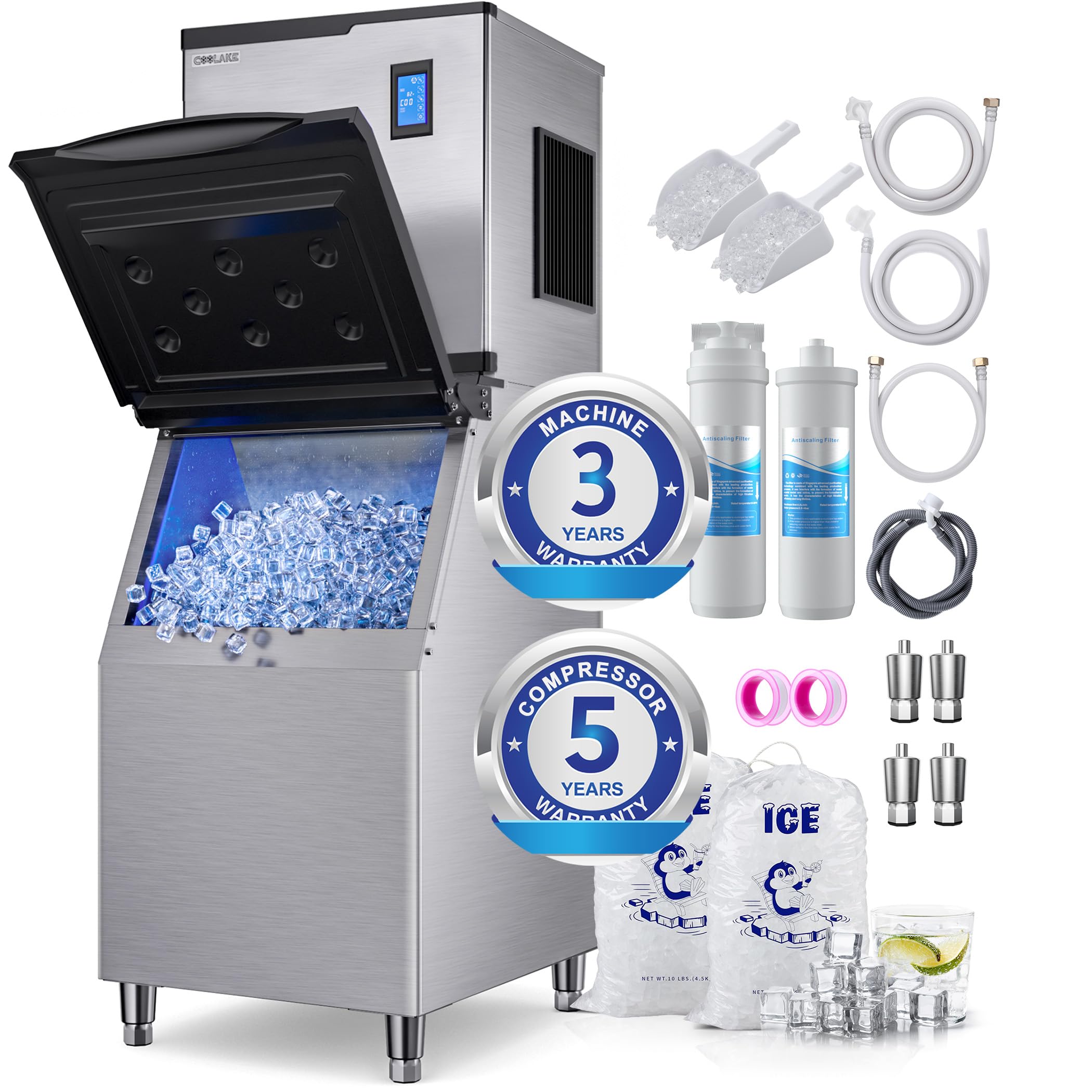 Coolake 400lbs/24H Commercial Ice Maker Machine with 300lbs Storage Bin - 22 Inch Stainless Steel Ice Maker for Restaurants, Cafes & Bars - Updated Antiscaling Filter, DOE ETL Certified - Perfect for High-Volume Beverage Service & Food Preservation