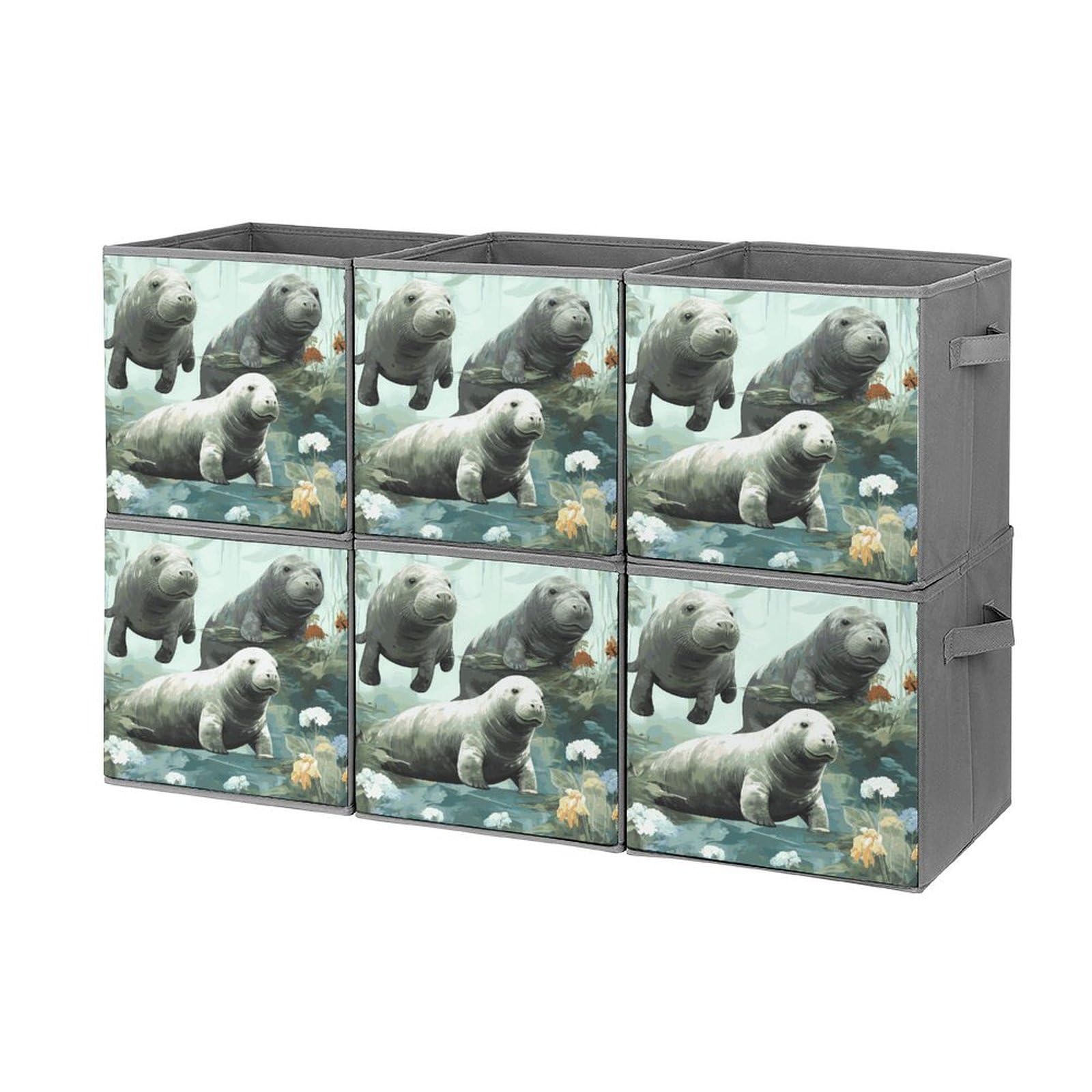 6-Piece Collapsible Storage Bins with Handles - Cute Rabbit & Manatee Printed Foldable Organizing Baskets for Home, Closet, Shelves & Office Storage Solutions | Space-Saving Home Organization for Toys, Books & Clothes