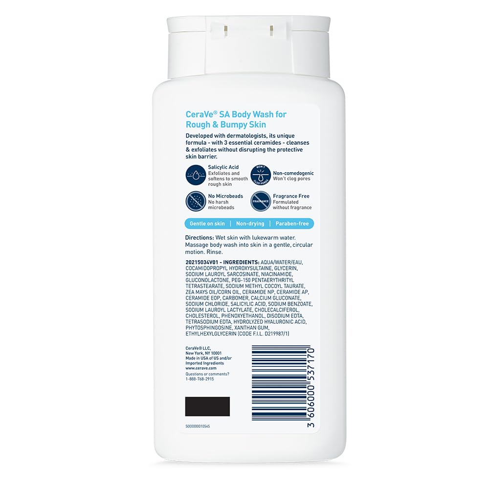 CeraVe Salicylic Acid Body Wash for Rough & Bumpy Skin | Fragrance-Free, Allergy Tested | 10 oz | Exfoliating Cleanser for Keratosis Pilaris & Dry Skin Care