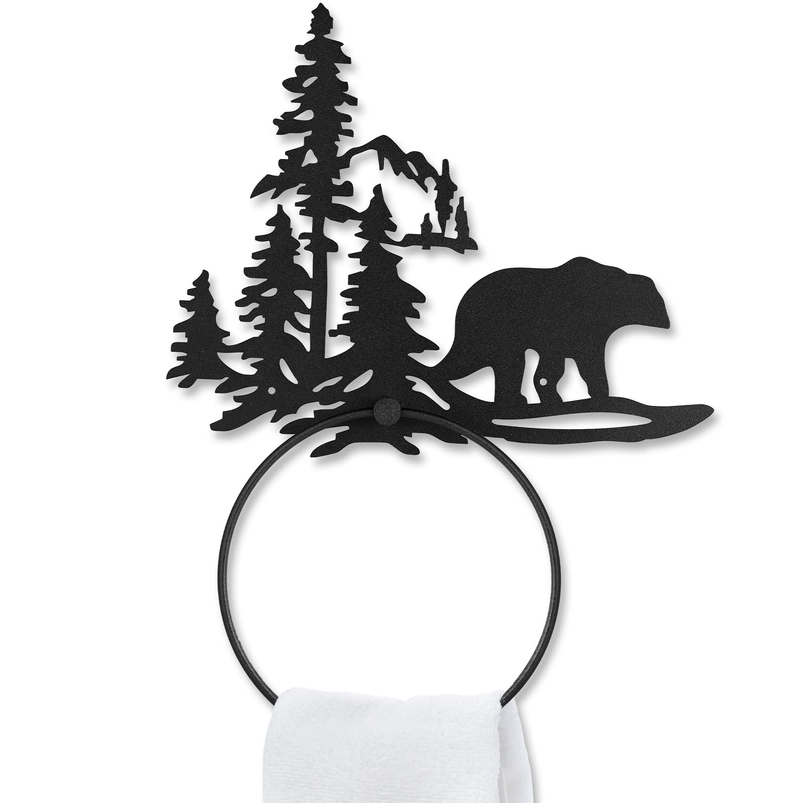 Matte Black Bear Towel Ring - Rustic Bathroom & Kitchen Hand Towel Holder - Wall Mounted Round Washcloth Rack for Face Cloth & Hand Towels - Perfect for Farmhouse, Cottage & Vintage Home Decor (Ideal for Bathrooms, Kitchens & Powder Rooms)
