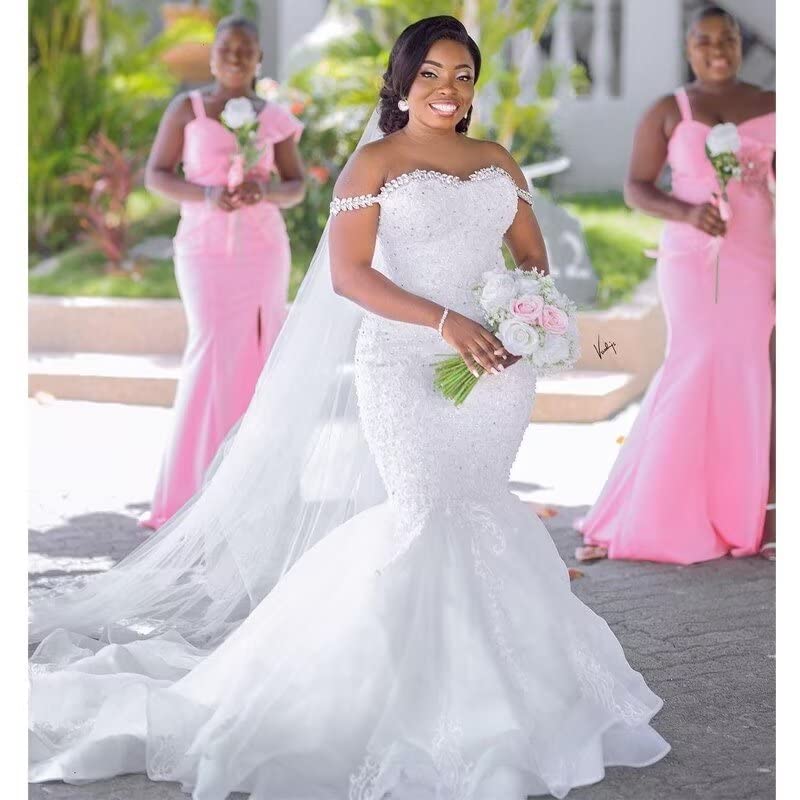 Elegant Off-The-Shoulder White Organza Wedding Dress with Beaded Lace Details - Mermaid Silhouette Sweetheart Neckline Bridal Gown for Women | Perfect for Beach Weddings, Church Ceremonies & Formal Receptions