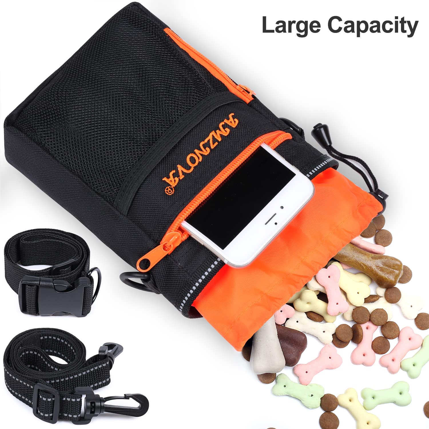 **AMZNOVA Large Dog Treat Pouch - Adjustable Waist & Shoulder Strap Training Bag with Built-in Poop Bag Dispenser - Perfect for Dog Walking, Training & Outdoor Adventures (Black)**