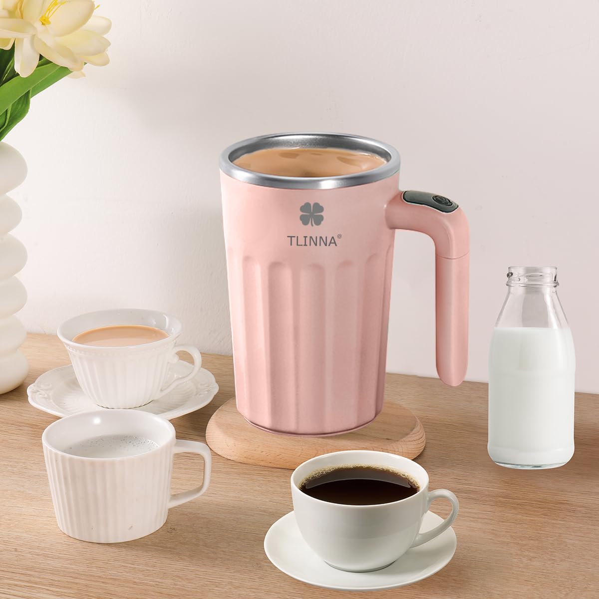 Electric Mixing Mug with Auto Stirring - 15.5oz Insulated Coffee Thermos for Hot Beverages | Perfect for Coffee, Tea, Milk & Cocoa at Home, Office or Travel (Pink)