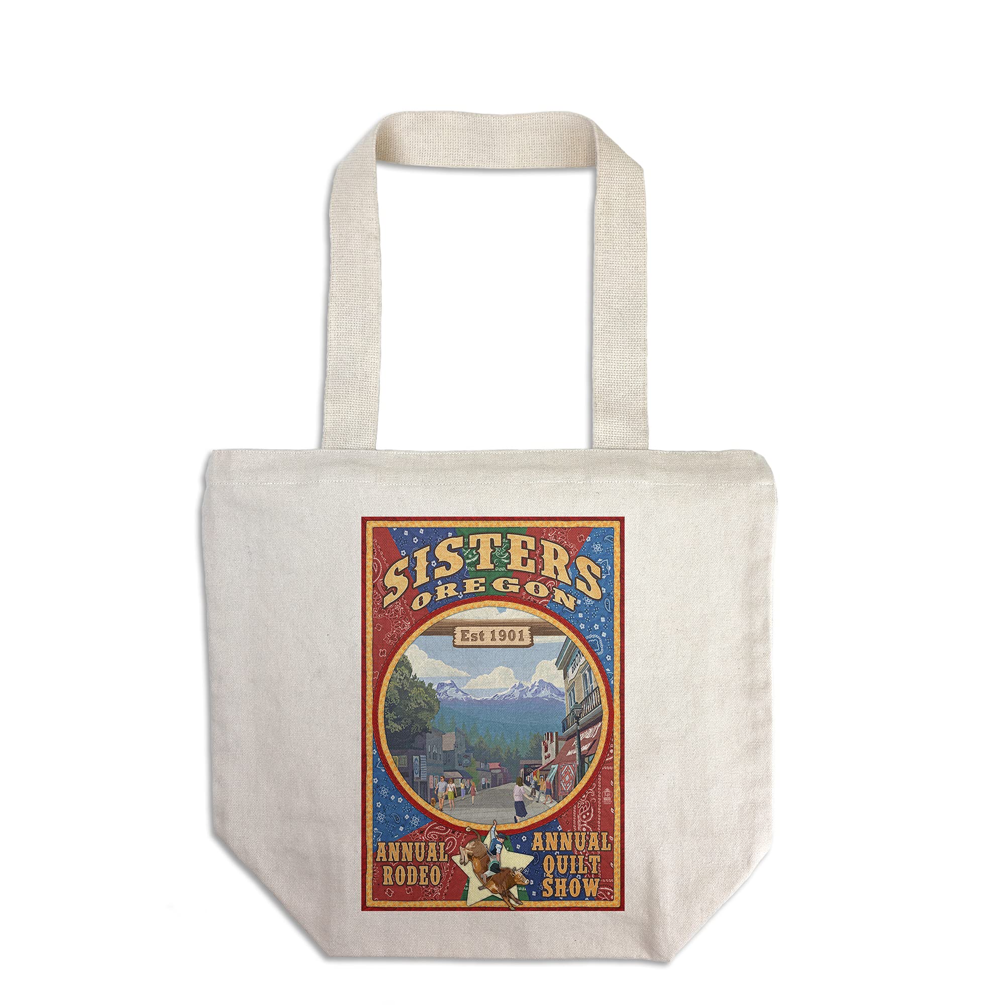 Oregon Sisters Town Scene Quilt Design Tote Bag - 100% Cotton Canvas Reusable Shopping Bag for Groceries, Books & Travel