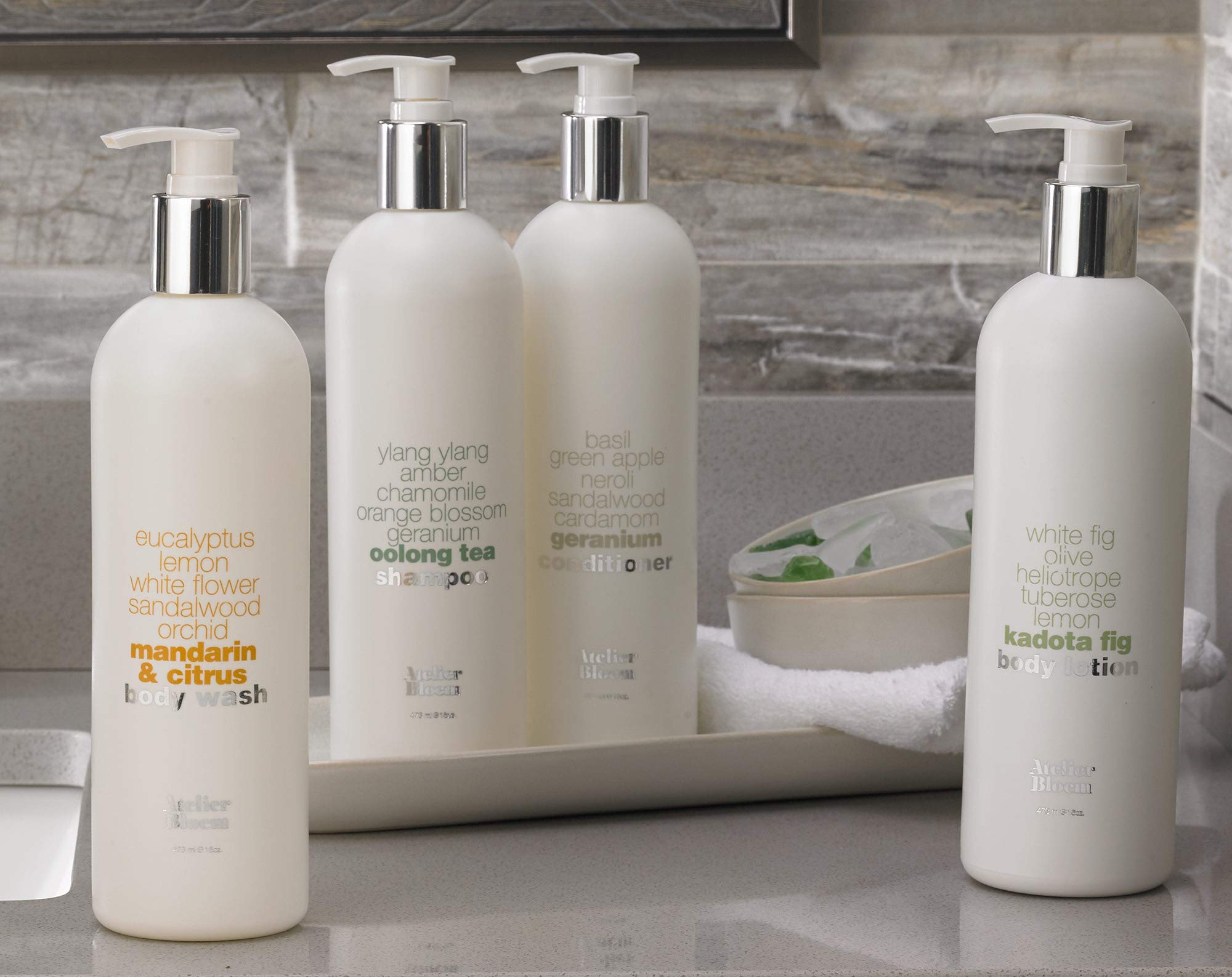 Atelier Bloem Luxury Bath & Body Set - Mandarin Citrus Body Wash, Kadota Fig Lotion, Oolong Tea Shampoo & Geranium Conditioner | Kimpton Hotel Collection | Spa & Travel Essentials for Women & Men