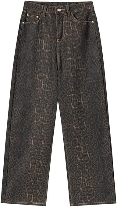 Y2K Leopard Print Baggy Jeans - Oversized Straight Leg Wide Pants for Men & Women | Streetwear Fashion for Casual Outfits & Retro Style