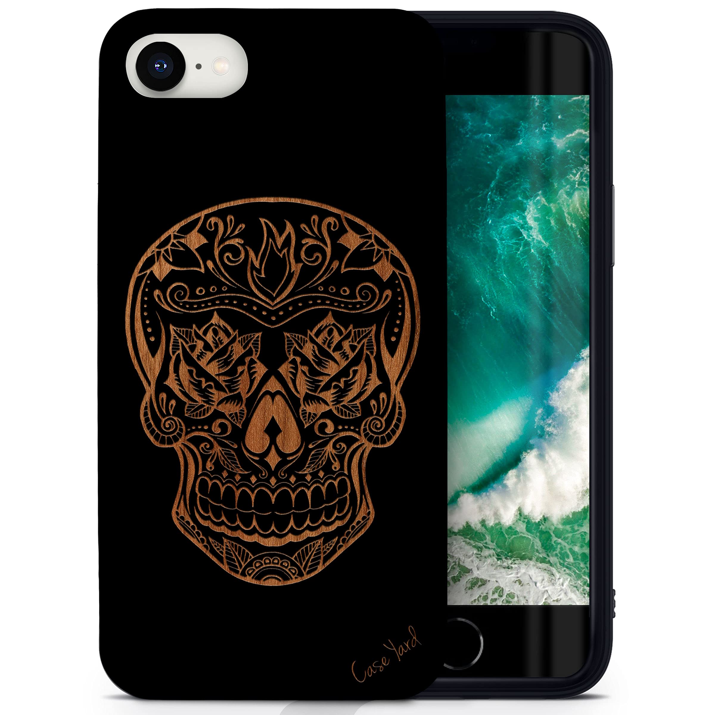 Wooden iPhone SE Case with Laser Engraved Skull Rose Design - Shockproof Slim Fit Protective Cover for Men & Women | Perfect for Outdoor Adventures, Daily Use & Gift Giving
