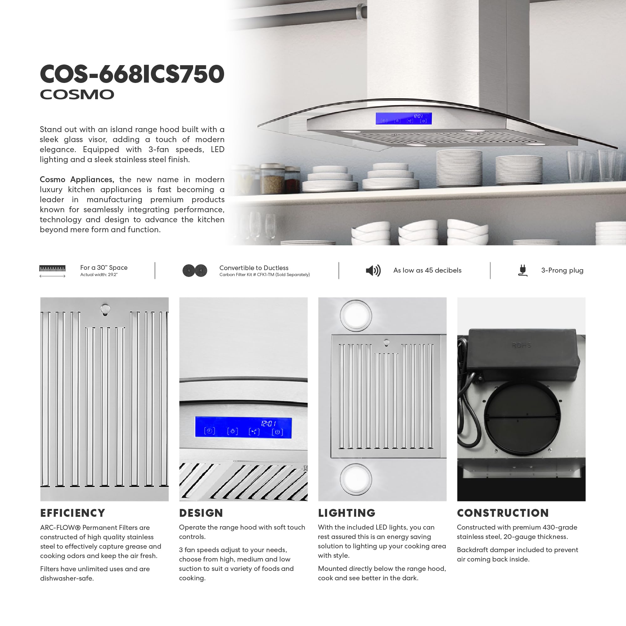 COSMO COS-668ICS750 30-inch Stainless Steel Ducted Island Range Hood - 380 CFM, Soft Touch Controls, LED Lighting - Perfect for Modern Kitchen Islands & Open Concept Homes