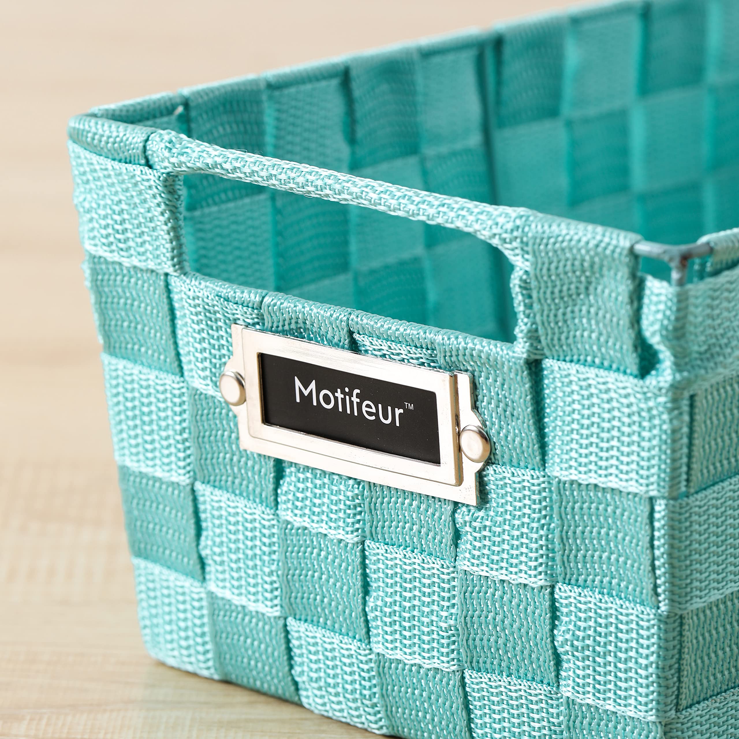 Decorative Woven Storage Baskets Set of 3 - Handmade Nesting Bins with Cutout Handles & Labels for Bathroom Countertop, Shelves, Closet & Pantry Organization | Perfect for Home Decor, Laundry Room & Bedroom Storage (Green)
