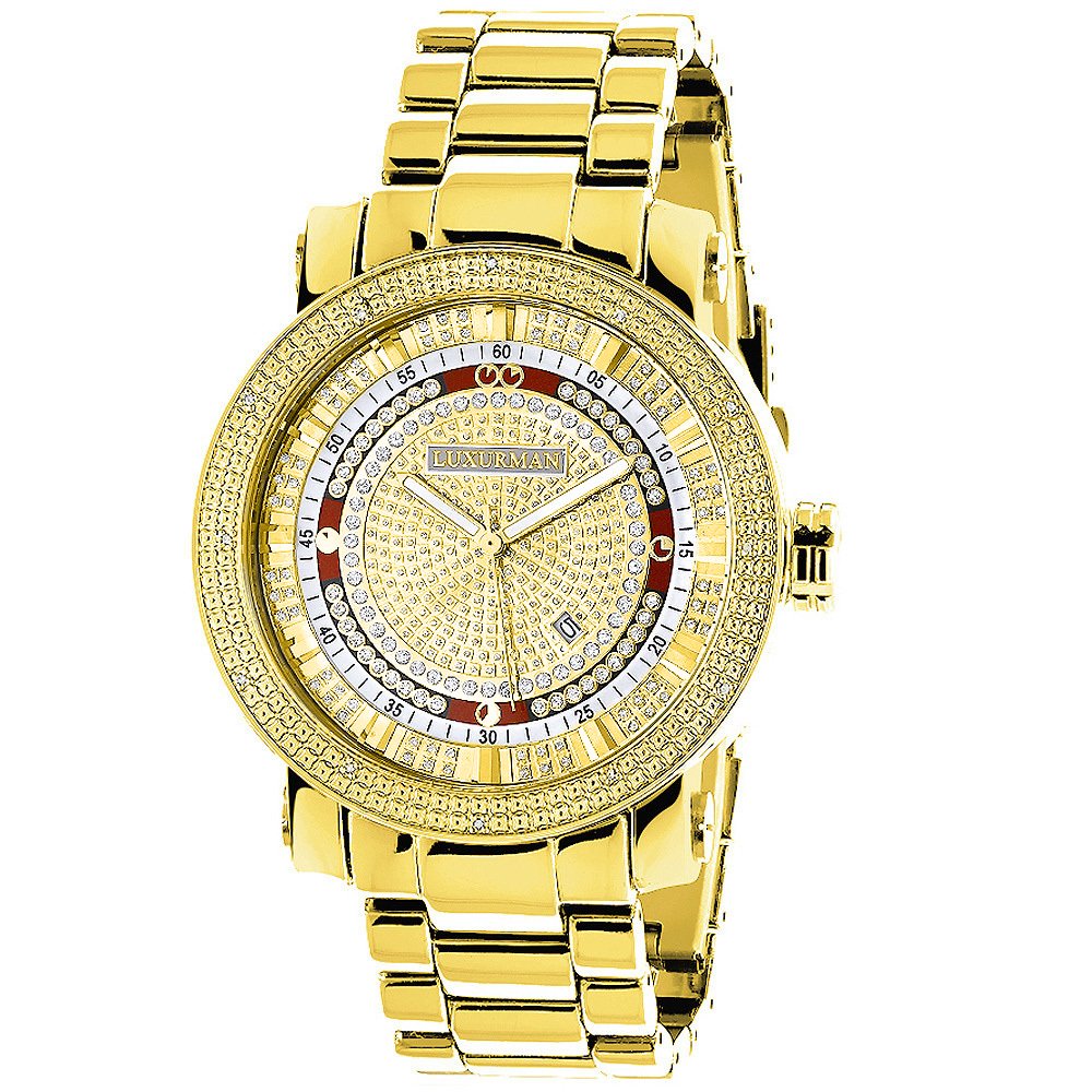 Luxurman Men's Diamond Watch - 18k Yellow Gold Plated with 0.12ctw Diamonds - Unique Large Luxury Timepiece for Formal Events & Gifts