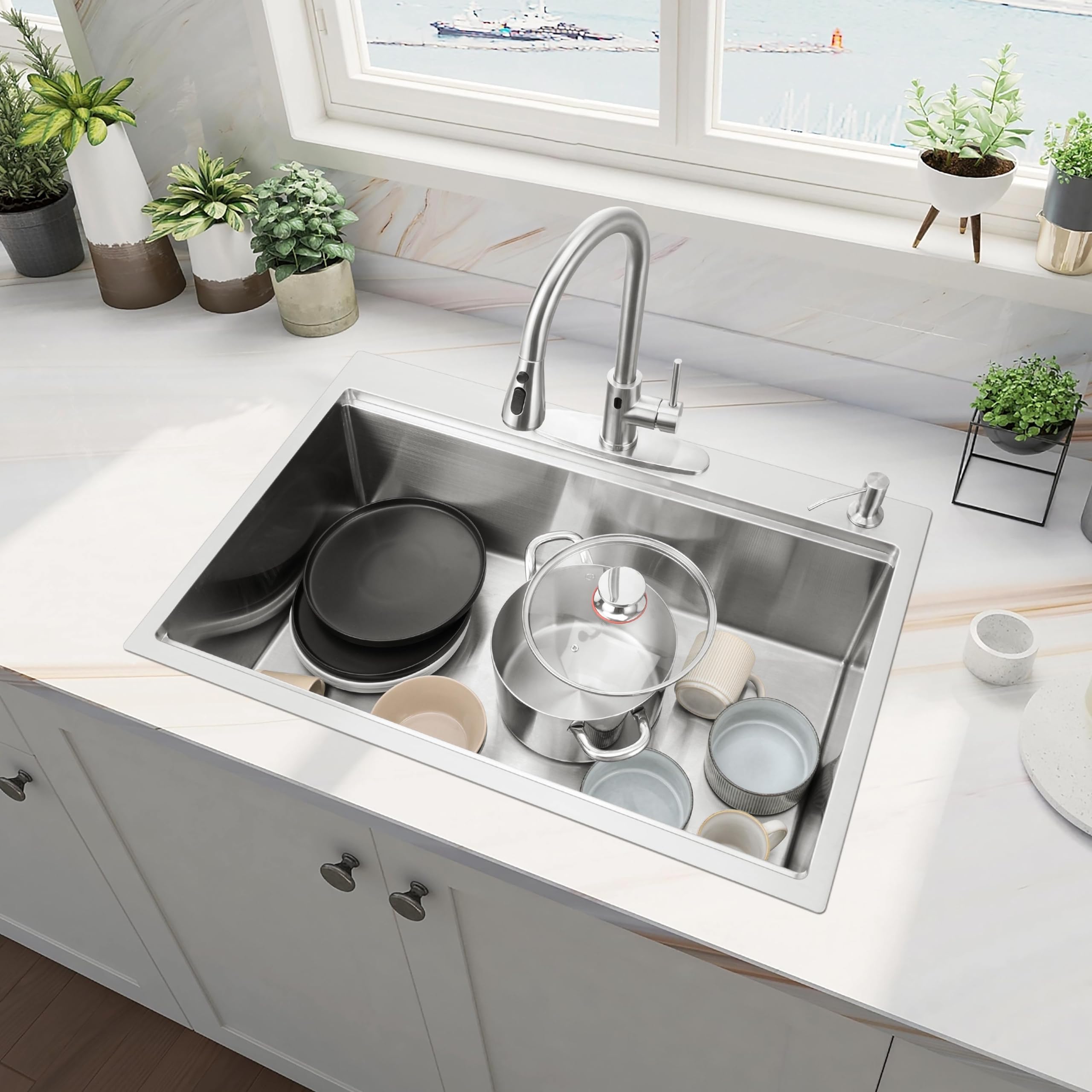 **33x22 Inch Drop-In Kitchen Sink with Touchless Faucet Combo – Herogo 18/10 Stainless Steel Single Bowl Handmade 10