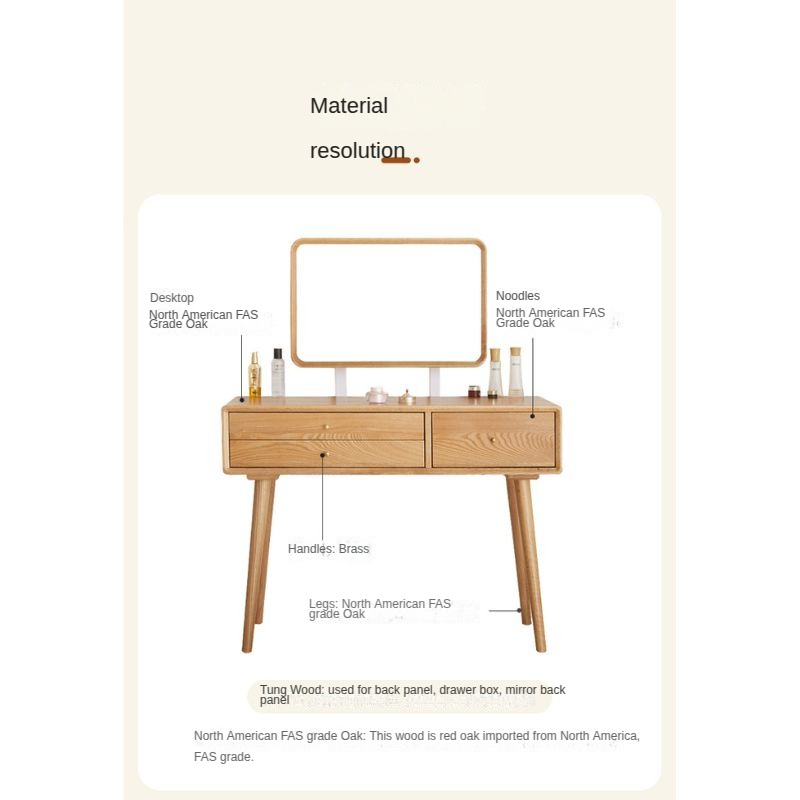 Stylish Oak Solid Wood Modern Dressing Table with Large Mirror - Perfect for Bedroom Vanity, Makeup Station & Home Decor
