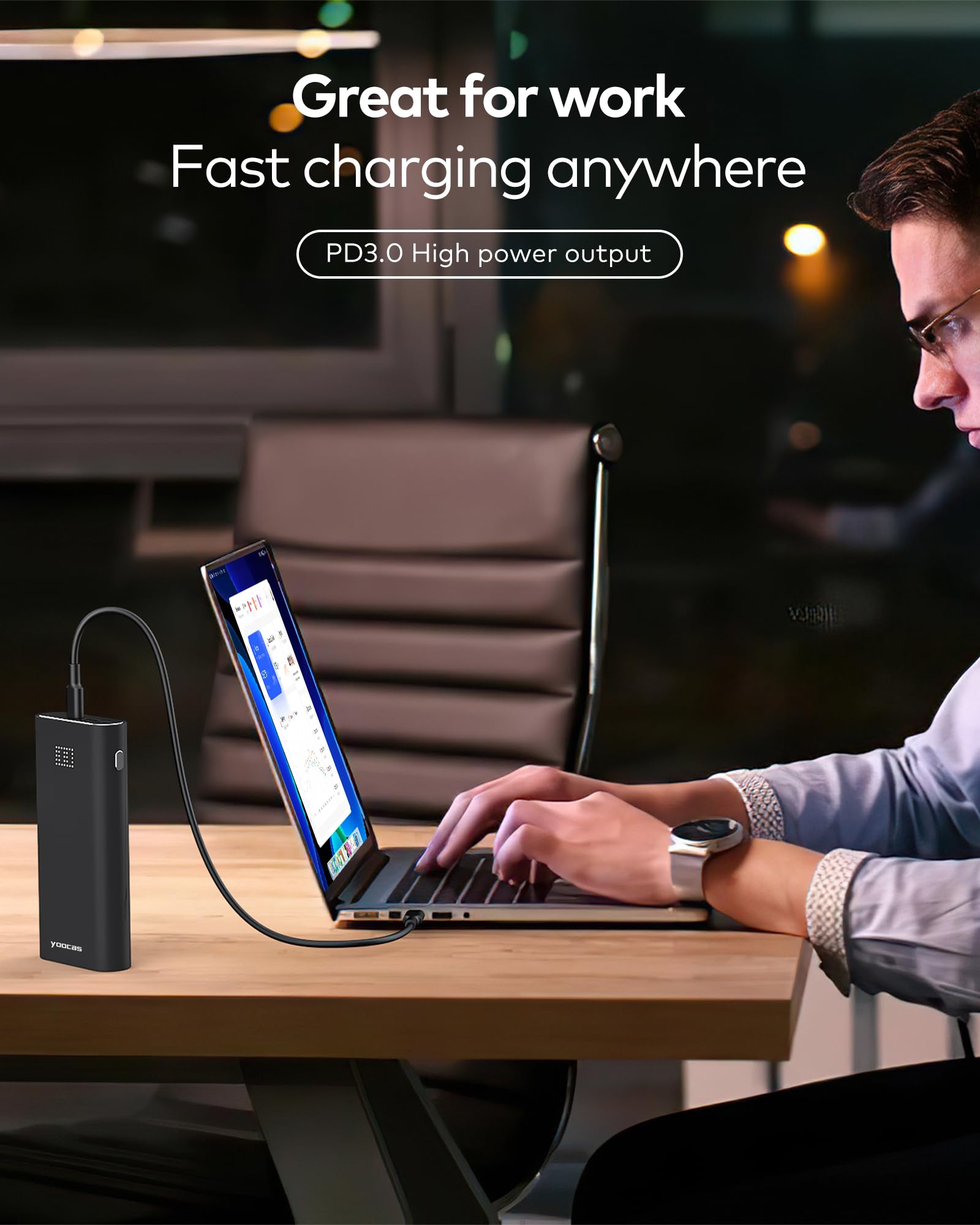 Yoocas 65W 20000mAh Portable Charger with USB-C Fast Charging | 95W Total Output for MacBook Air/Pro, HP, Dell, Lenovo Laptops | Compatible with Steam Deck, Nintendo Switch, iPad, iPhone & Android Phones | Perfect for Travel, Camping & Emergency Power Backup - Black