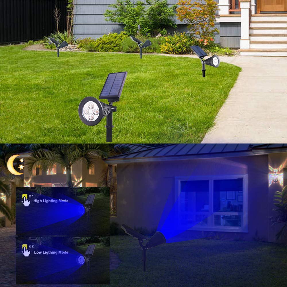 Solar Powered Outdoor Spotlights - Waterproof Adjustable 4 LED Solar Garden Lights for Landscape, Yard, Driveway & Pathway (2 Pack, Blue) | Auto On/Off, Inground Installation | Perfect for Patio Decor, Backyard Lighting & Nighttime Safety