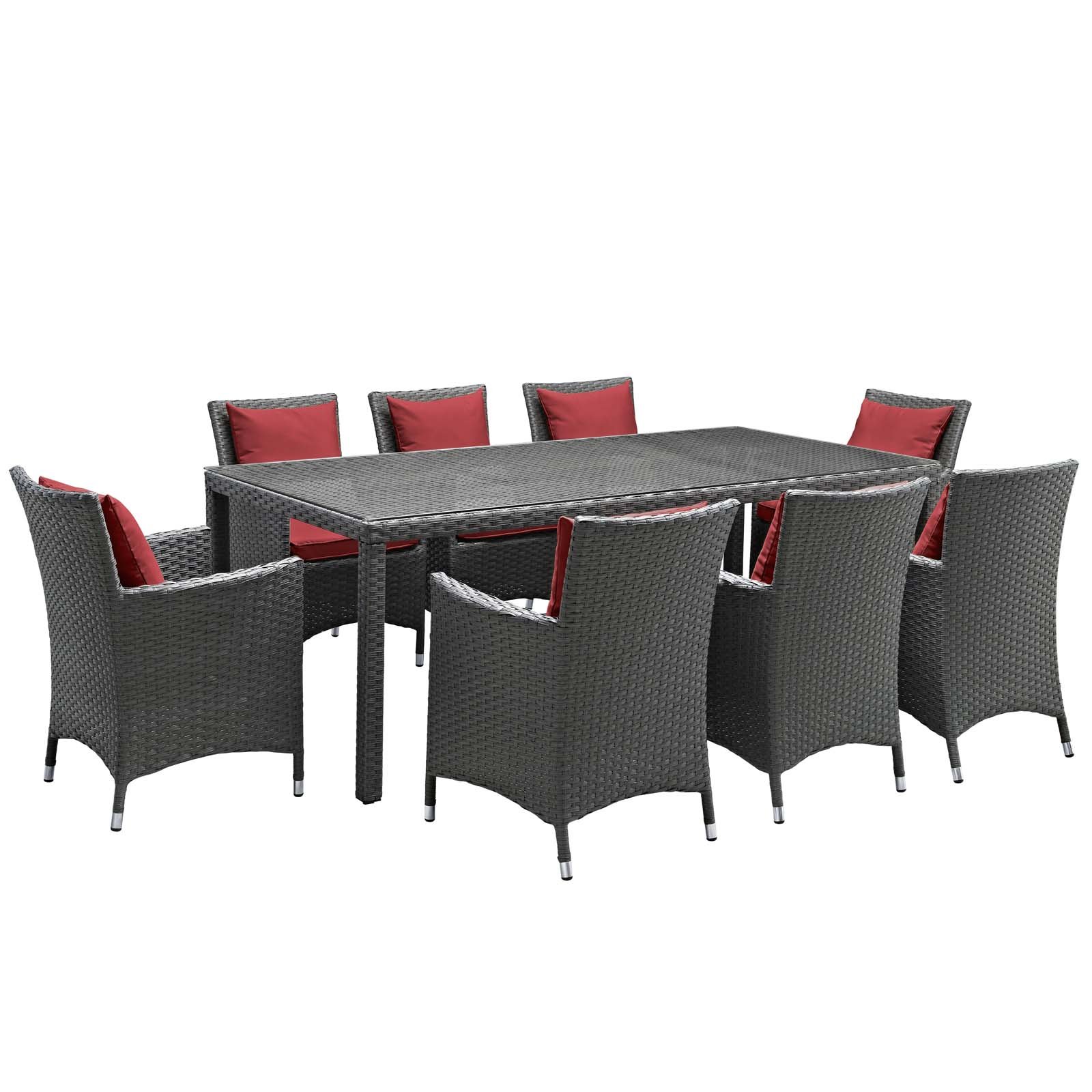 Modway EEI-2309-CHC-RED-SET Sojourn 9-Piece Outdoor Patio Dining Set with Sunbrella Fabric in Canvas Red - Includes 8 Chairs & 1 Table - Perfect for Backyard, Garden, Poolside & Outdoor Entertaining
