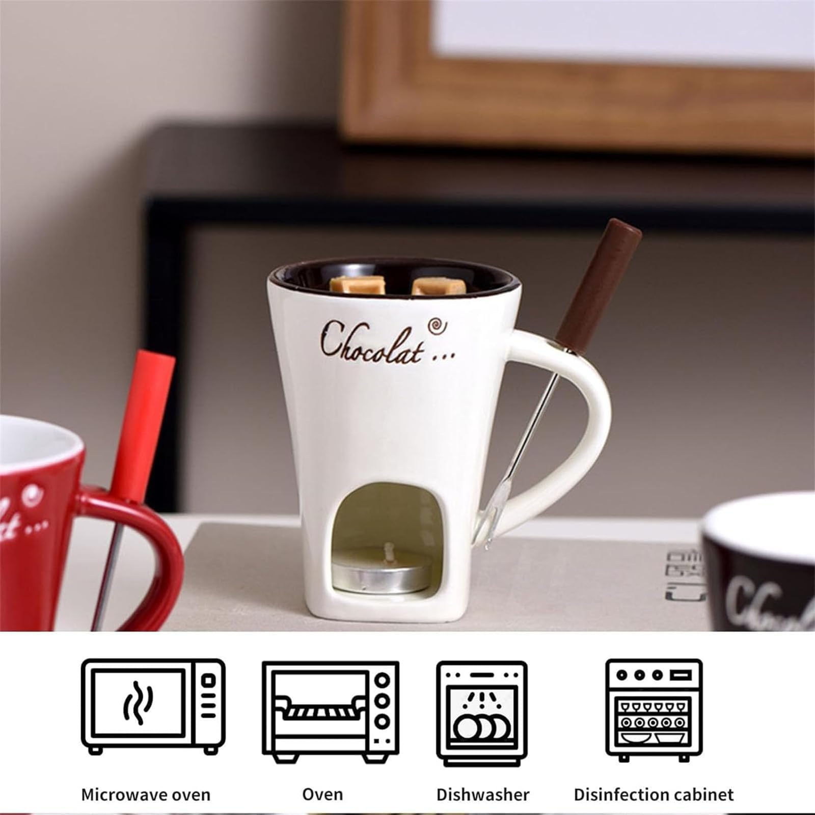 Tealight Fondue Cups Set - Mini Ceramic Chocolate Melting Mug with Fork, Black - Perfect for Romantic Dinners, Dessert Parties & Fondue Nights