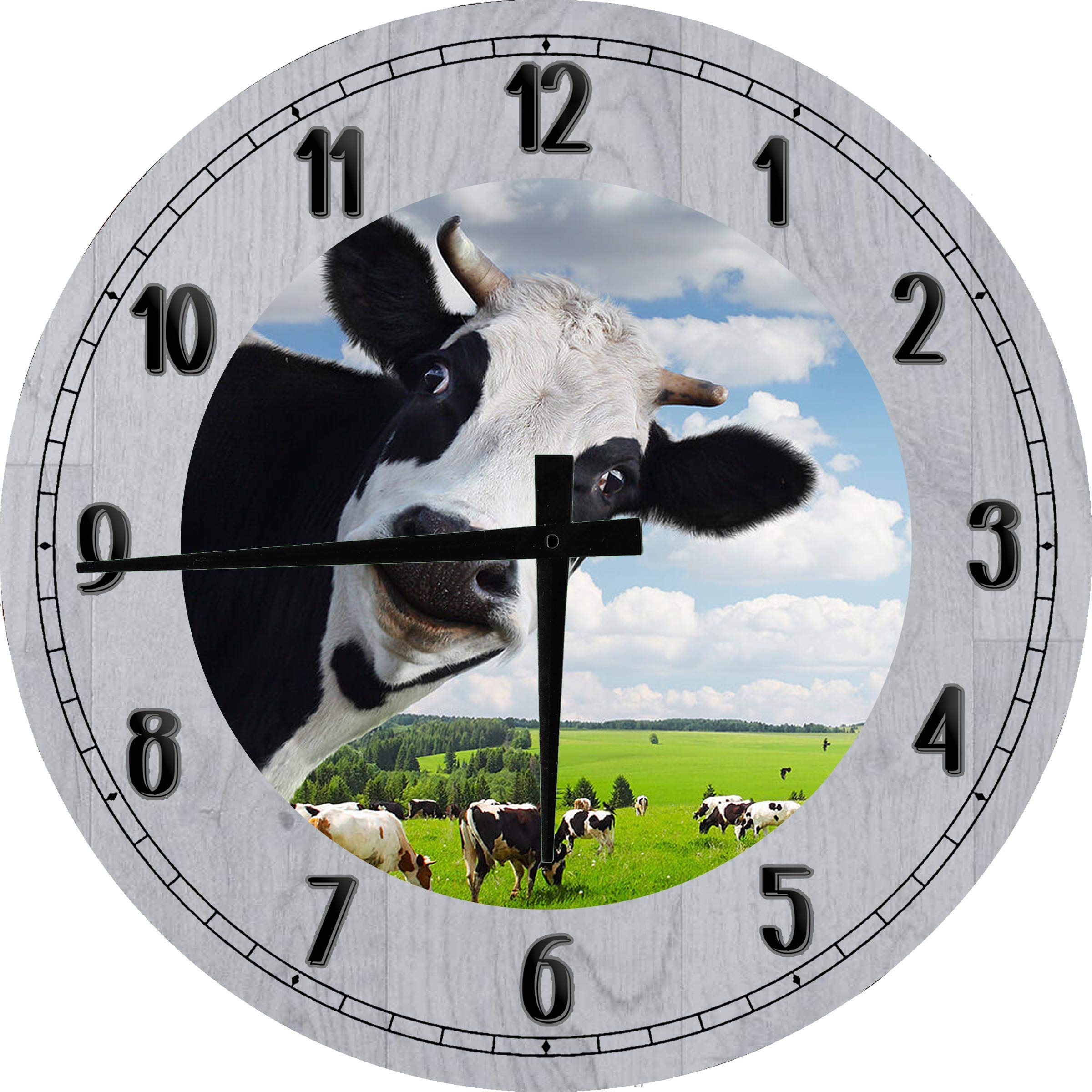 Funny Cow Wall Art for Kitchen - Black & White Farmhouse Decor - Large 12 Inch Round Wood Wall Clock - Rustic Gray - Perfect for Farmhouse, Country Kitchen & Dining Room Decor