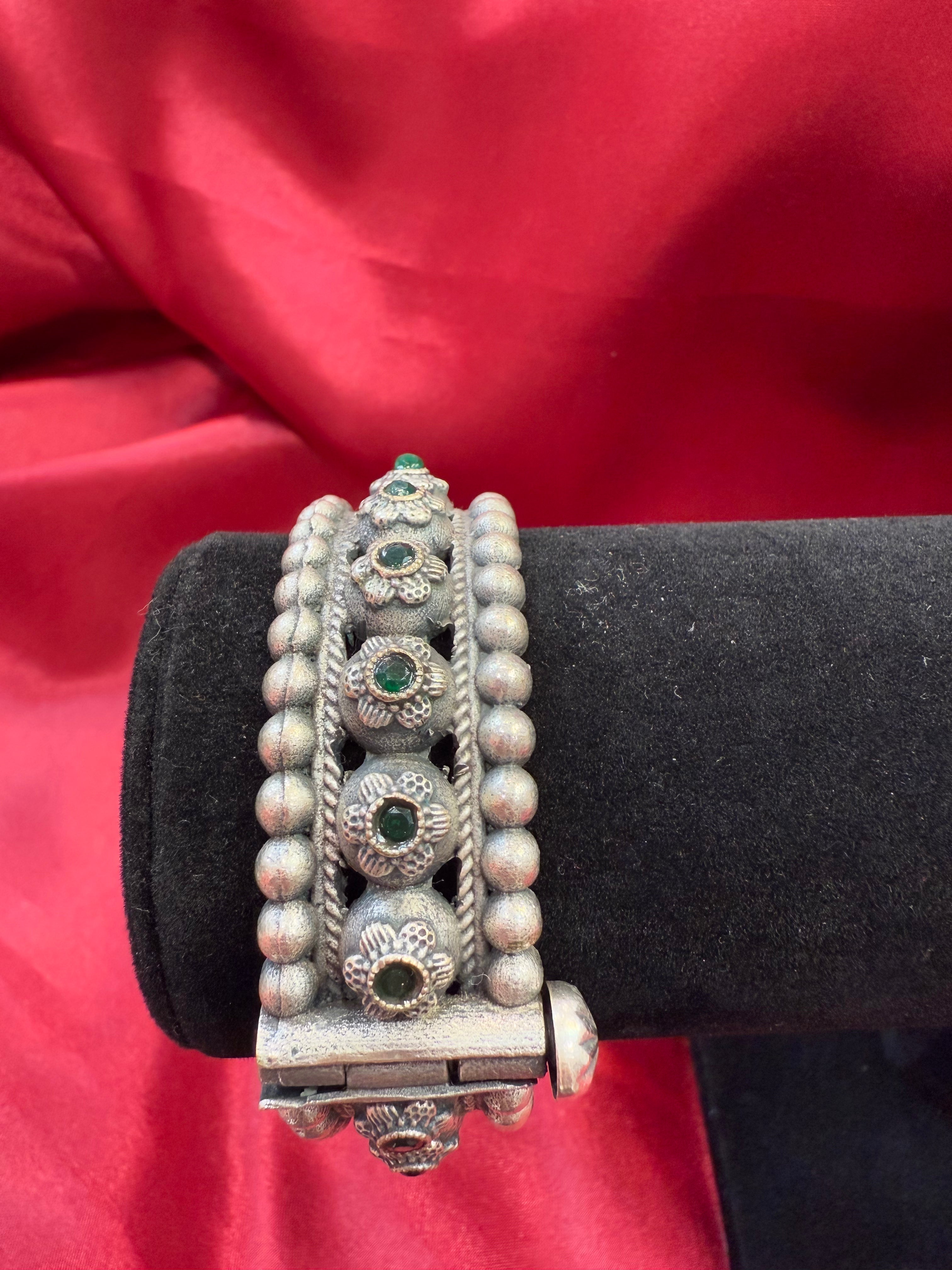 Exquisite Tribal Oxidized Silver Ethnic Open Bridal Kada Cuff Bracelet with Green Stone - Perfect for Boho Weddings, Festival Fashion & Cultural Jewelry Collections