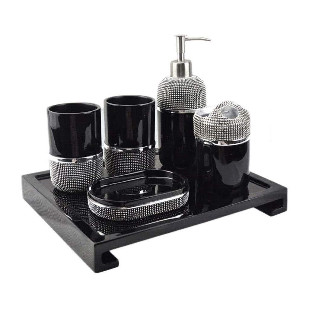 6-Piece Bathroom Accessory Set - Hand Soap Holder, Dish Liquid Dispenser, Toothbrush Holder & Mouthwash Cup with Silver Bead Decor | Modern Resin Bath Organizer for Spa, Guest Bath & Master Bathroom Decor