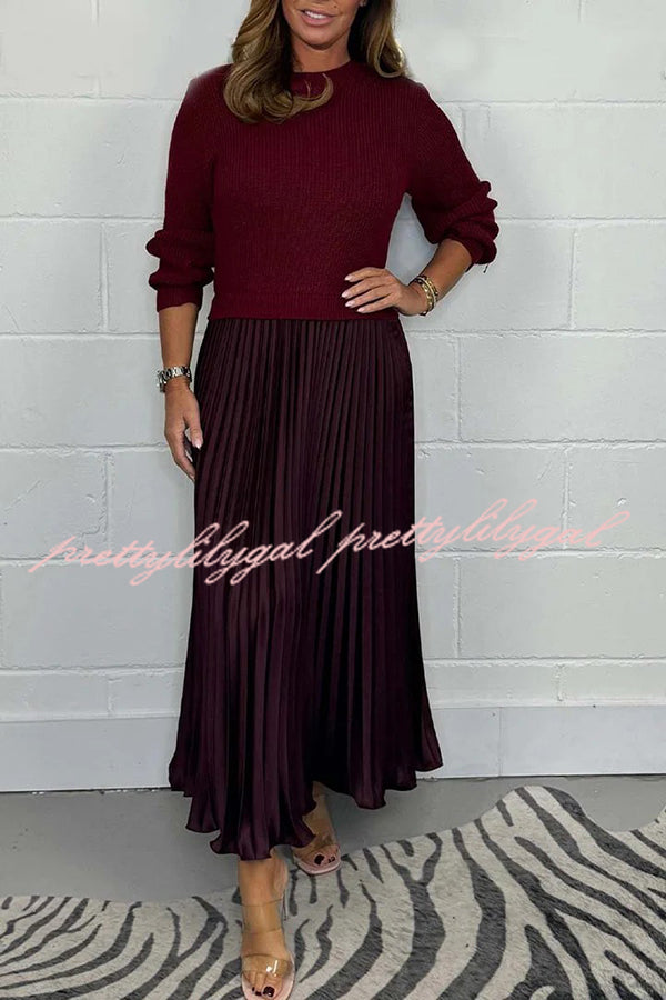Stylish Knitted Round Neck Long Sleeve Patchwork Pleated Hem Maxi Dress for Women | Elegant Boho Chic Winter Dress | Perfect for Holiday Parties, Date Nights & Casual Outings