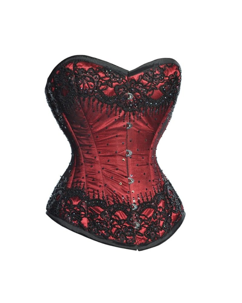 Red Satin Black Handmade Sequins Gothic Burlesque Waist Training Overbust Corset for Women - Vintage Lingerie, Burlesque Costume, Steampunk Fashion, Cosplay & Evening Wear