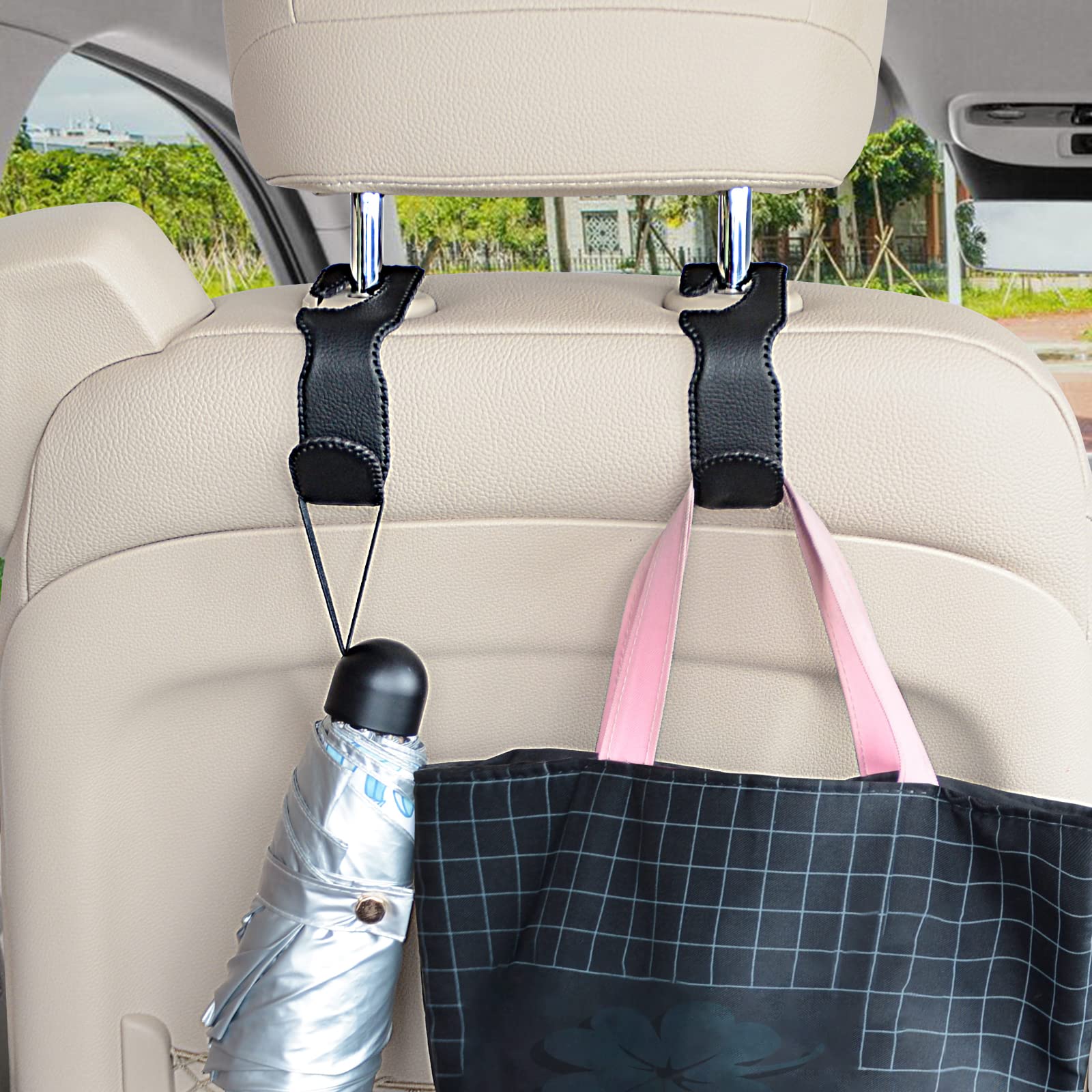 4 PCS Premium Leather Car Purse Hooks - Heavy Duty Car Bag Holder for Back Seat Headrest, Organizer for Coats, Umbrellas & Grocery Bags (Black) - Perfect for Road Trips, Shopping & Daily Commute