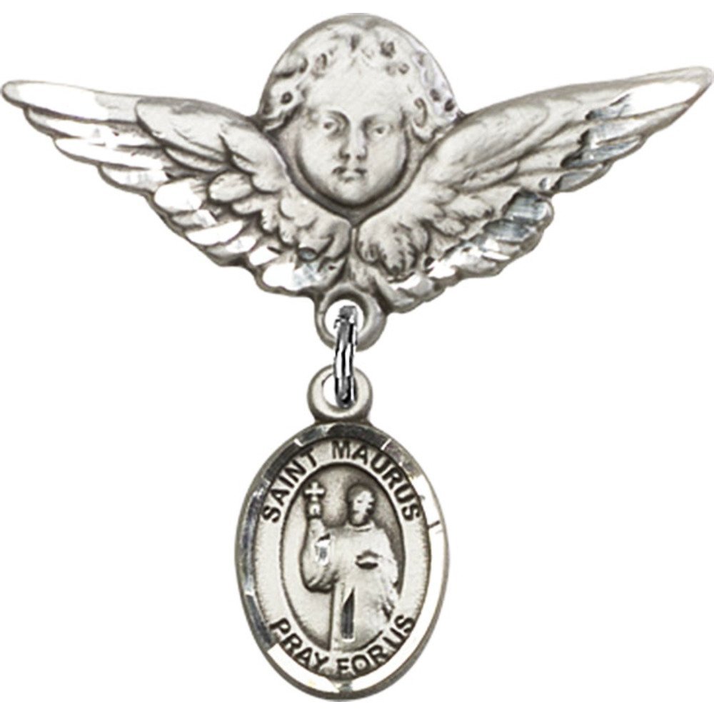 Sterling Silver Baby Badge with St. Maurus Charm & Angel Wing Pin - 1 1/8