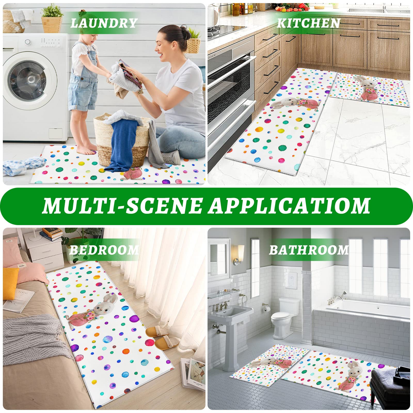 Non-Slip Kitchen Rugs Set of 2 - Easter Bunny & Spring Flower Design, Polka Dot Floor Mat for Laundry Room, Doormat & Area Carpet - Perfect for Spring Decor & Home Safety