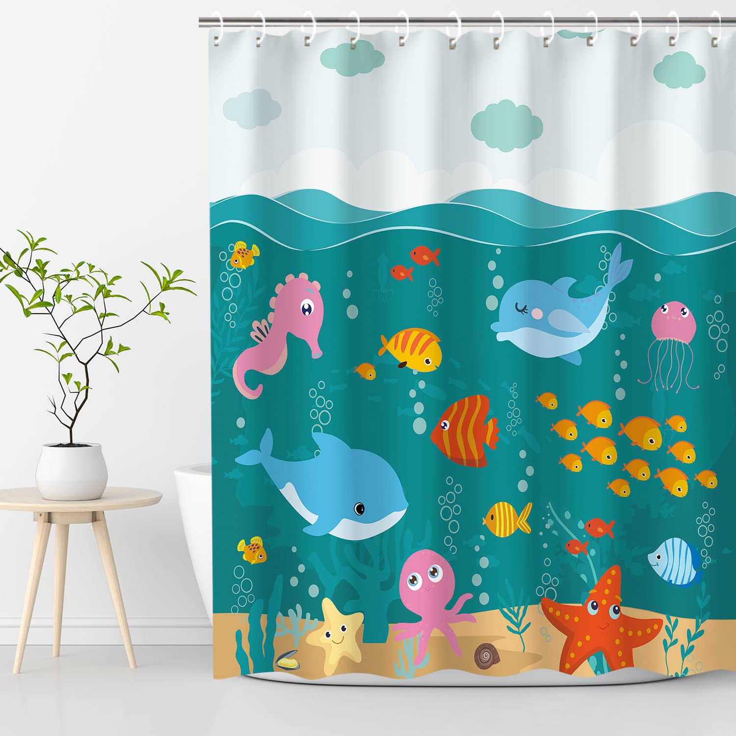 RosieLily Waterproof Fish Shower Curtain - Kids Bathroom Decor with Ocean Animals, Dolphins & Jellyfish - 72x72 Inches with 12 Hooks - Perfect for Beach Themed Bathrooms & Nautical Nursery Decor
