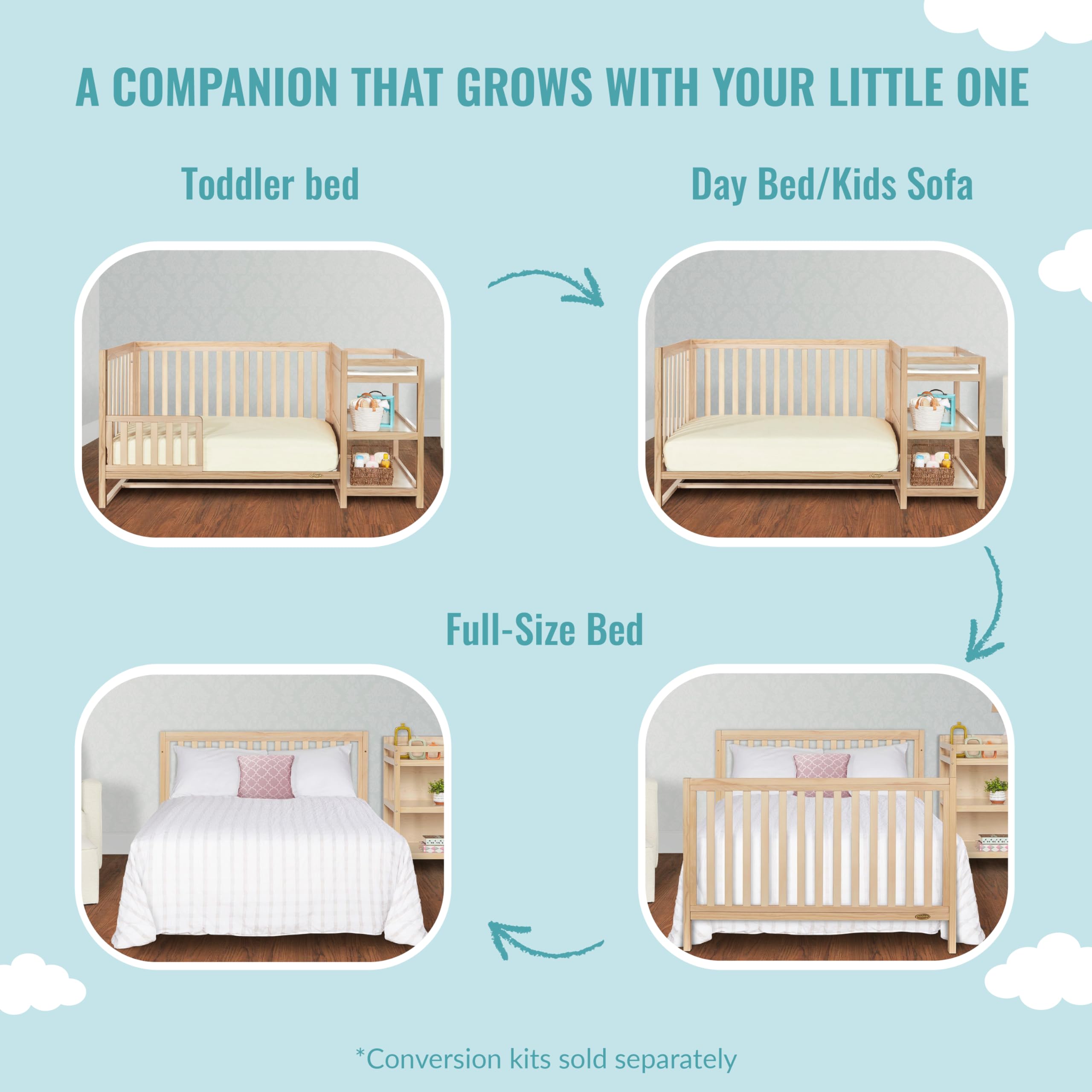 Dream On Me Milo 5-in-1 Convertible Crib & Changing Table with Free Changing Pad - Vintage White Oak Finish, 3 Adjustable Mattress Heights, Non-Toxic Pinewood | Nursery Furniture for Baby's Bedroom & Daycare Centers