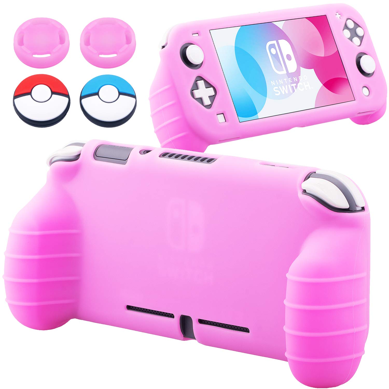 YoRHa Soft Silicone Rubber Protective Cover Case & 4 Thumbsticks for Nintendo Switch Lite (2019 Slim Model) - Pink | Comfort Grip for Gaming | Perfect for Travel & Long Play Sessions