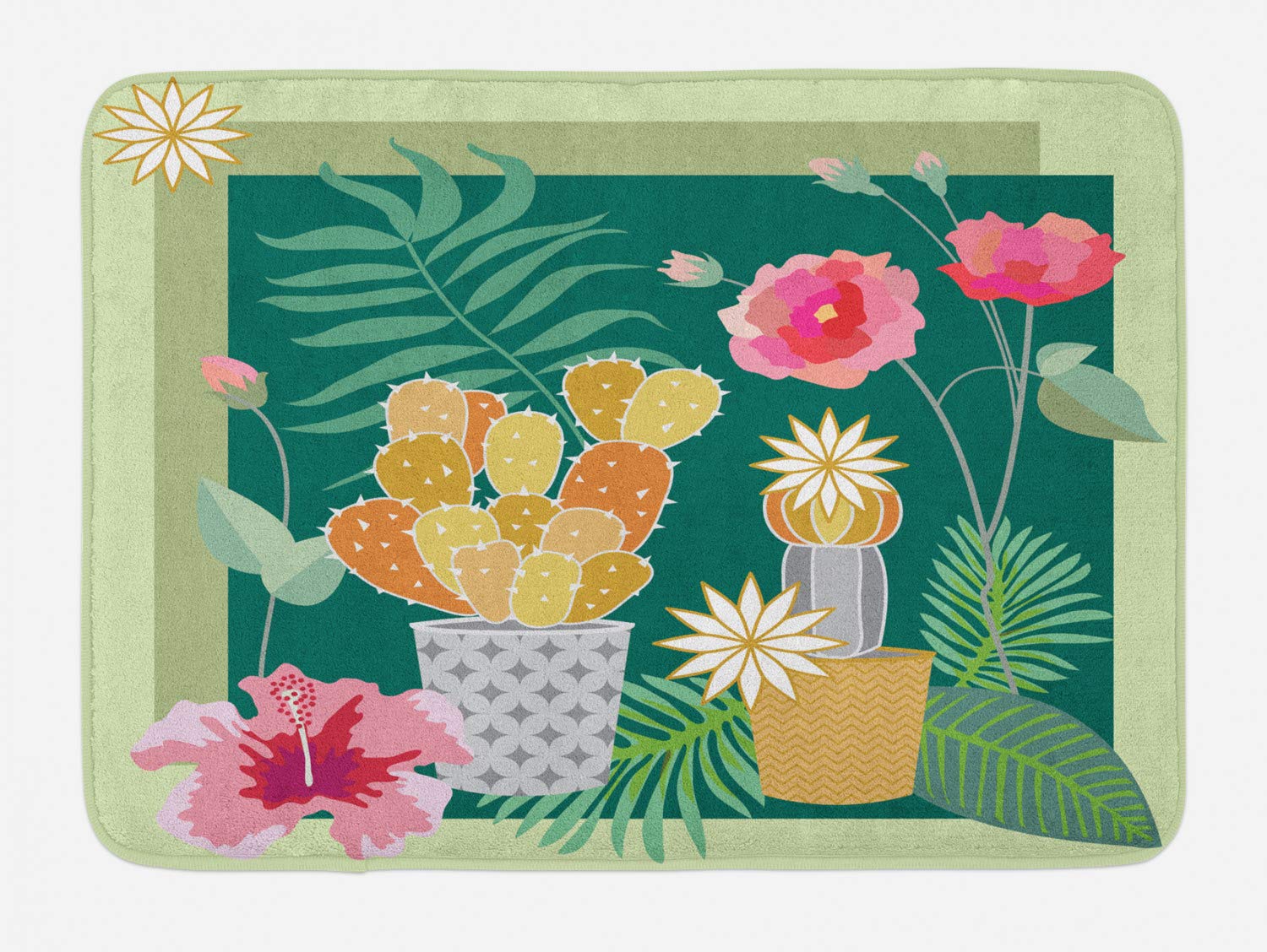 Ambesonne Non-Slip Cactus Bath Mat - Soft Plush Boho Decor with Succulent, Hibiscus & Monstera Leaf Design, 30.2