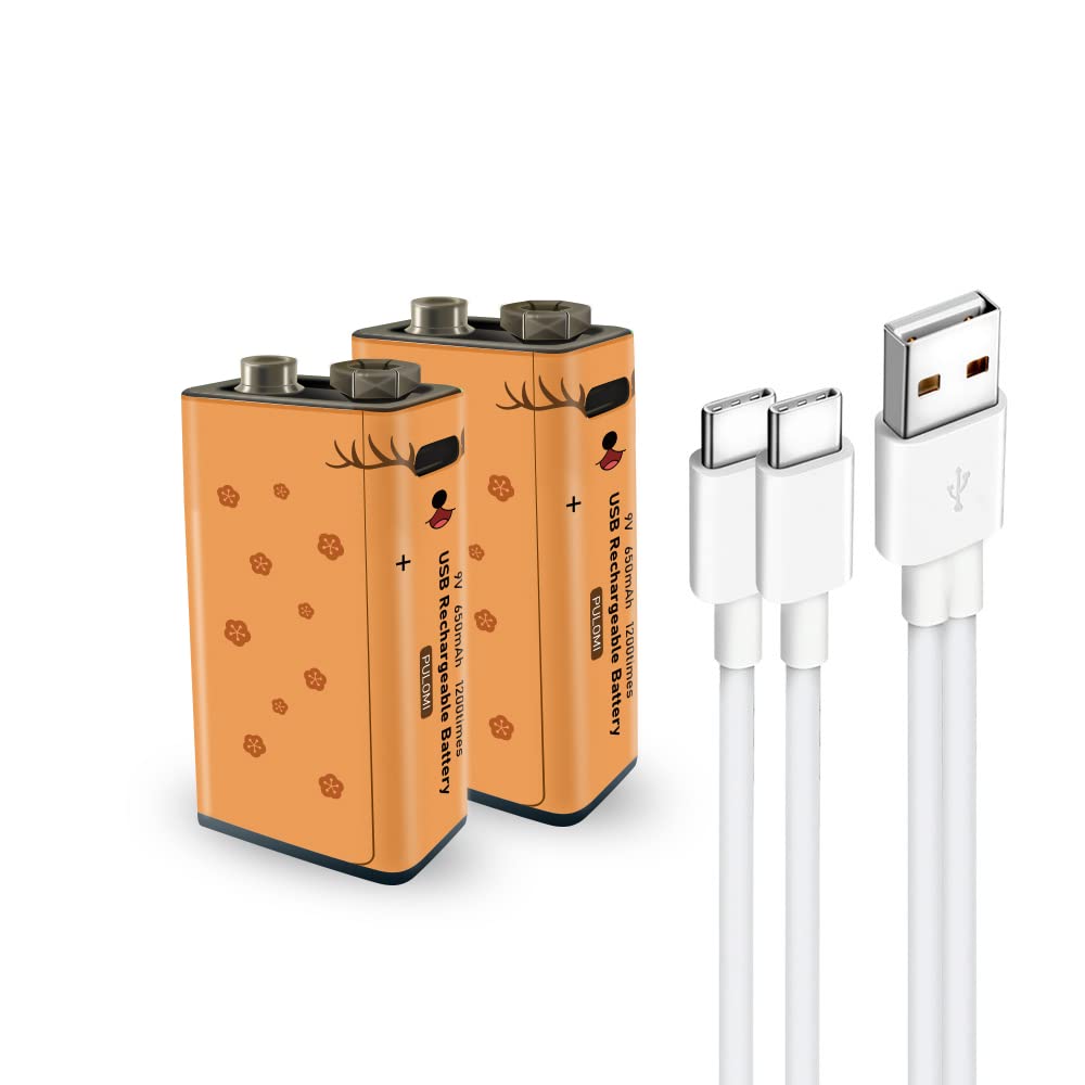 PULOMI 9V Rechargeable Lithium-ion Battery 2-Pack - 650mAh High Capacity, Fast 1.5H Charging via USB-C, 1200 Cycles, Constant Output for Smoke Detectors, Guitar Pedals & Digital Multimeters