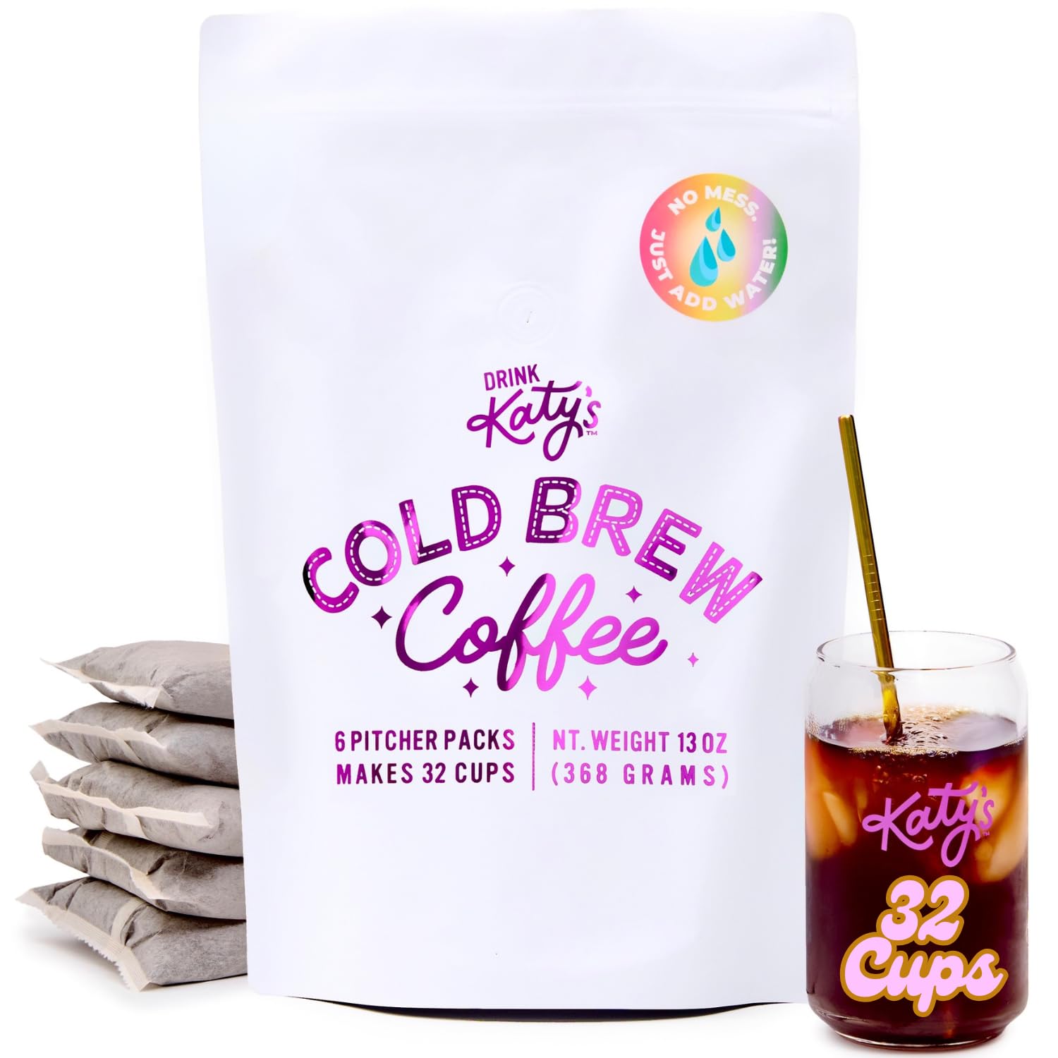 Katy’s Cold Brew Coffee Pitcher Packs – 6 Large Premium Cold Brew Tea Bags with Smooth, Bold Brazilian Coffee Beans | Easy, Mess-Free Brewing for Iced Coffee Lovers | No Straining Needed | 100% Woman-Owned Small Business | Makes 32 Cups | Perfect for Home, Office, Camping & Gifts
