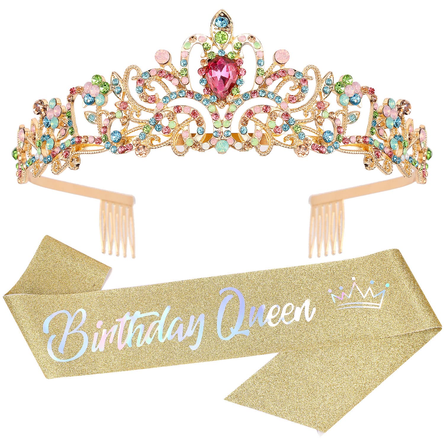 Gold Birthday Tiaras & Crowns for Women - Elegant Birthday Queen Sash & Cake Toppers | Perfect Birthday Party Decorations & Gifts for Women, Mom | Great for Birthday Celebrations, Bridal Showers & Special Occasions