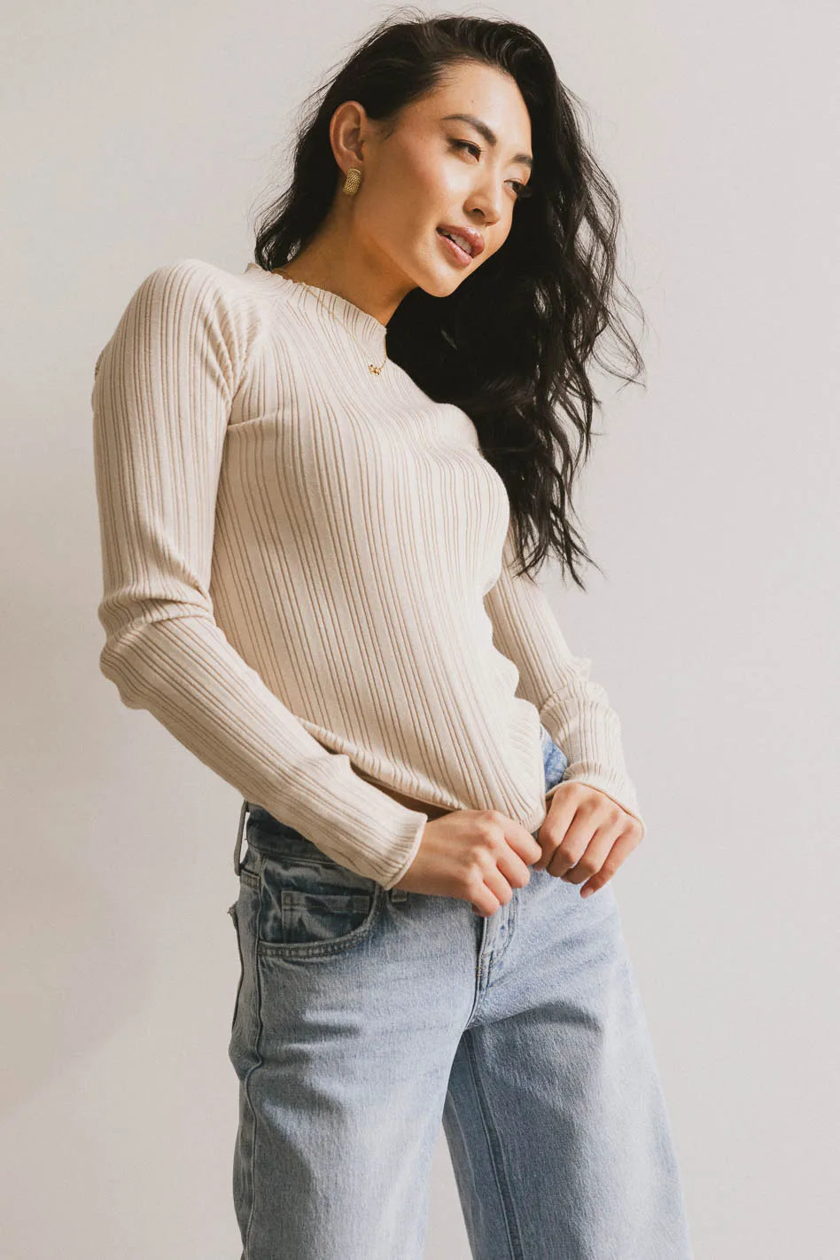 Azizi Ribbed Knit Top for Women - Soft Beige Crewneck Casual Shirt - Perfect for Layering, Office Wear & Everyday Outfits