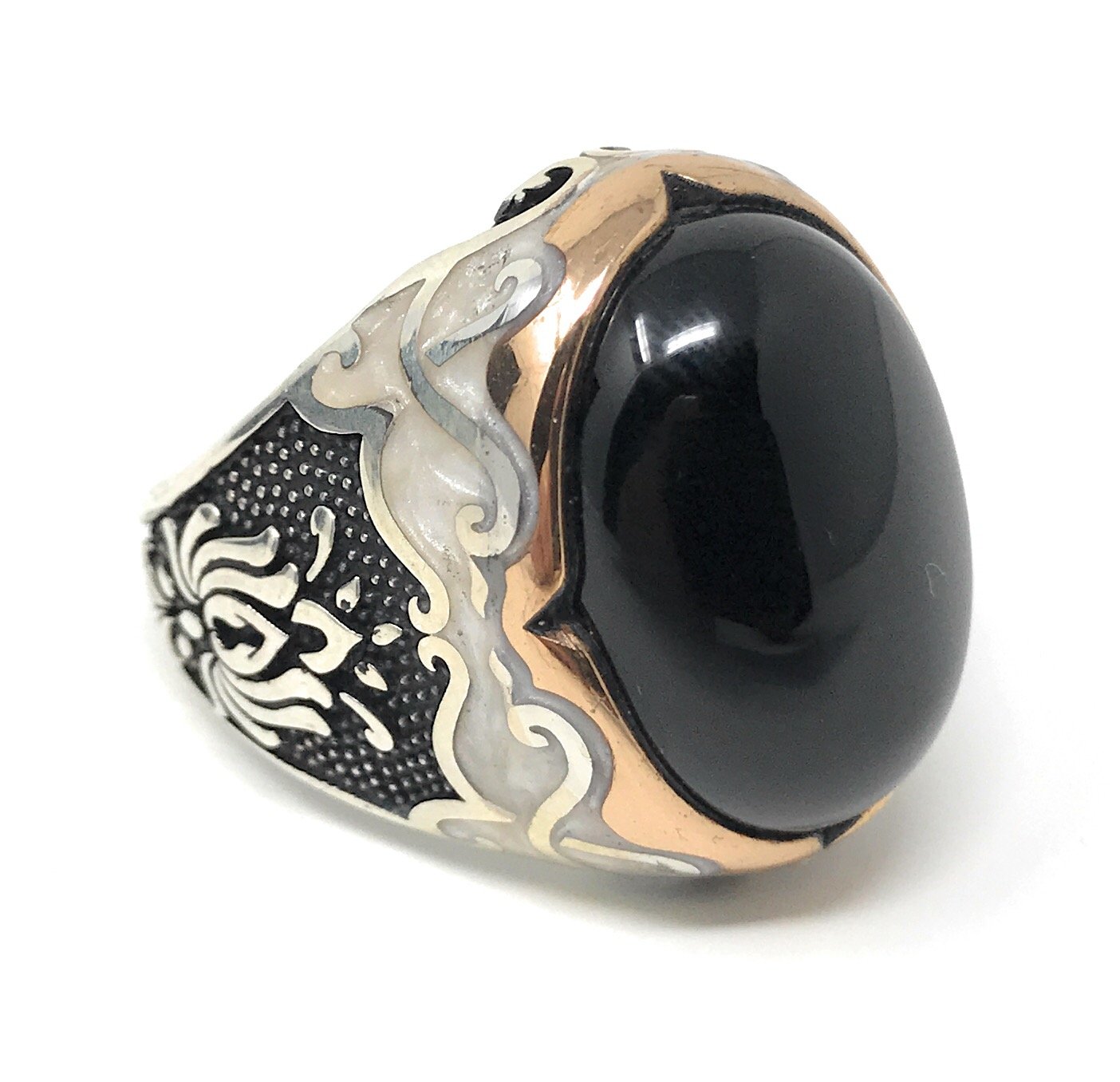 925K Sterling Silver Black Onyx & Mother of Pearl Enameled Men's Ring - Special Edition K62H for Wedding, Anniversary & Formal Occasions