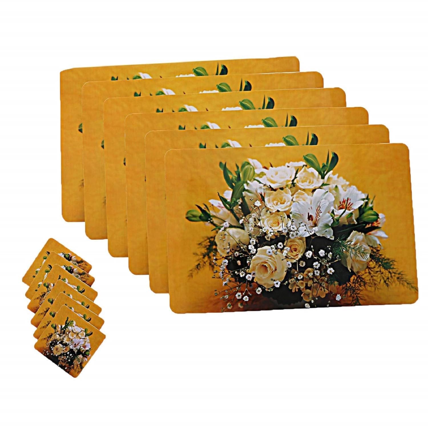 Kuber Industries 6-Piece PVC Dining Table Placemat Set with Tea Coasters - Waterproof, Non-Slip, Yellow Polyvinyl Chloride Placemats for Kitchen, Dining Room, and Party Decor