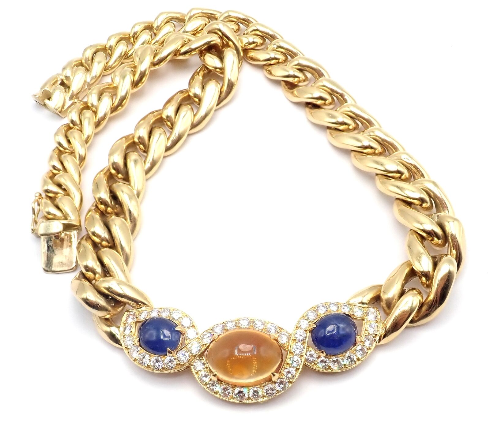 Bvlgari Bulgari 18k Yellow Gold Diamond Citrine Sapphire Link Necklace - Luxury Italian Jewelry for Women, Perfect for Weddings, Parties & Special Occasions