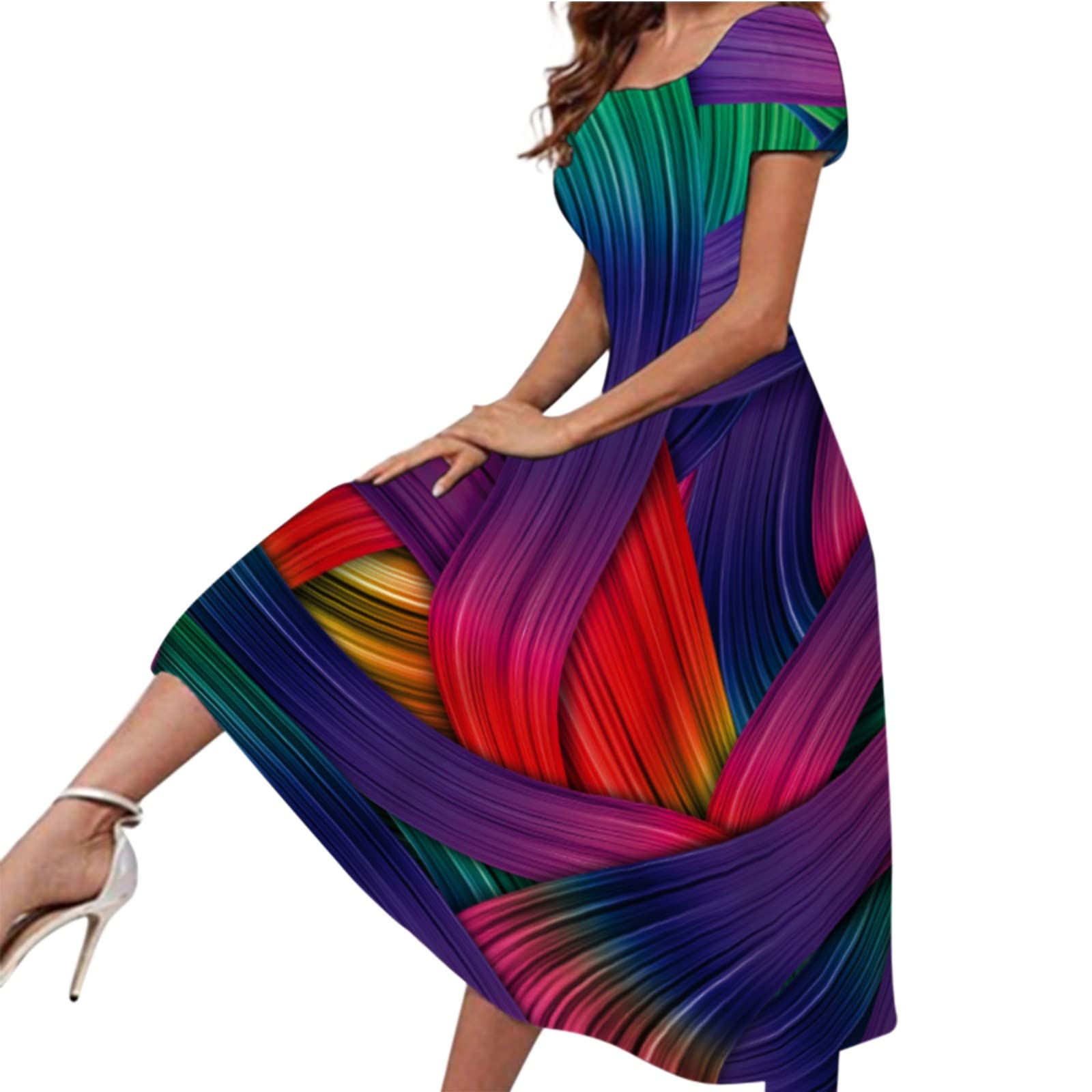 Women's Boho Floral Print Short Sleeve Crewneck Dress - Perfect for Wedding Guest, Spring & Summer Casual Wear, Beach Vacation Outfit