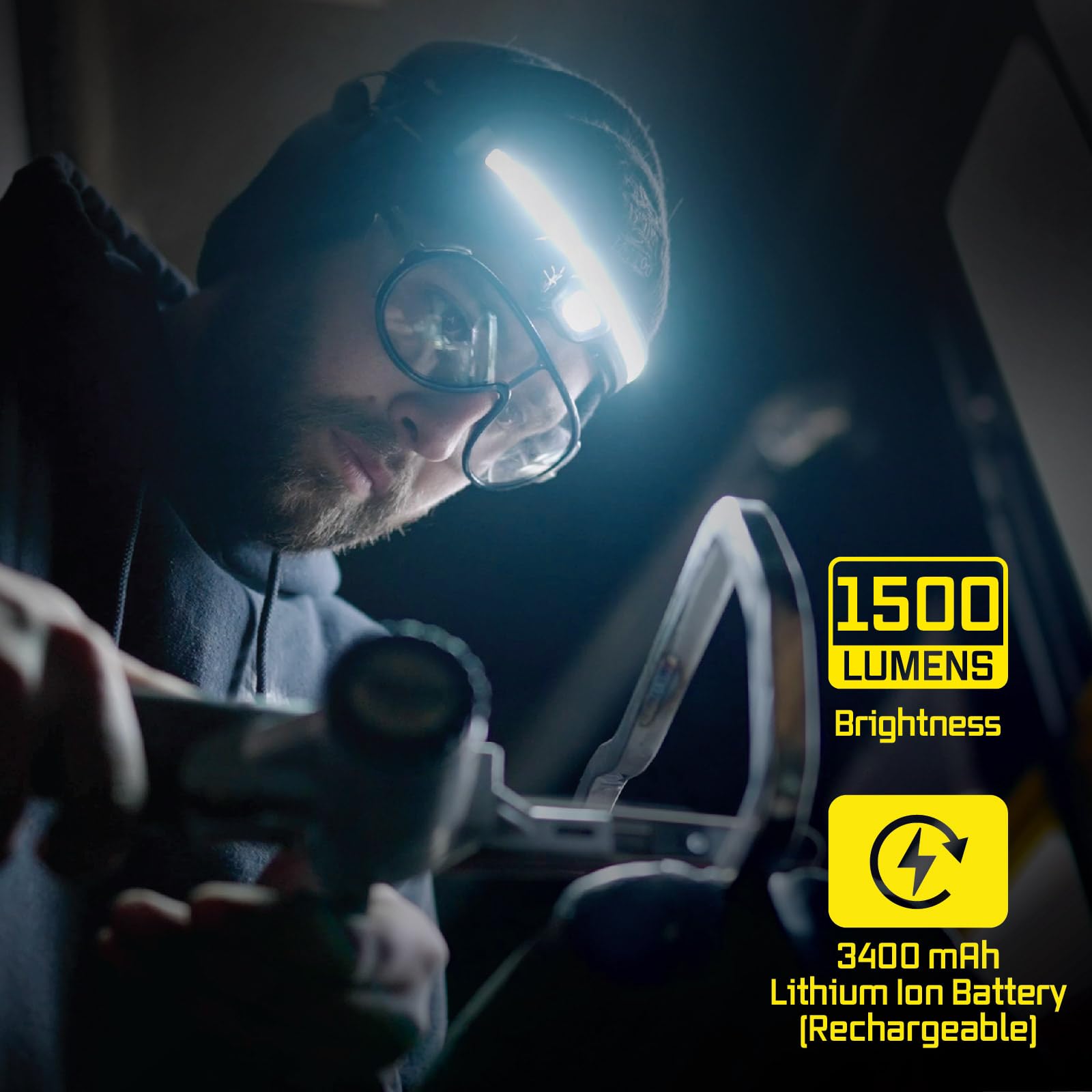 Liteband PRO 1500 Lumens Rechargeable LED Headlamp - Super Bright Tactical Flashlight for Hard Hats, Mechanics & Outdoor Activities | Perfect for Camping, Running, Hiking & Night Work | Waterproof & Lightweight Forehead Light (Yellow)