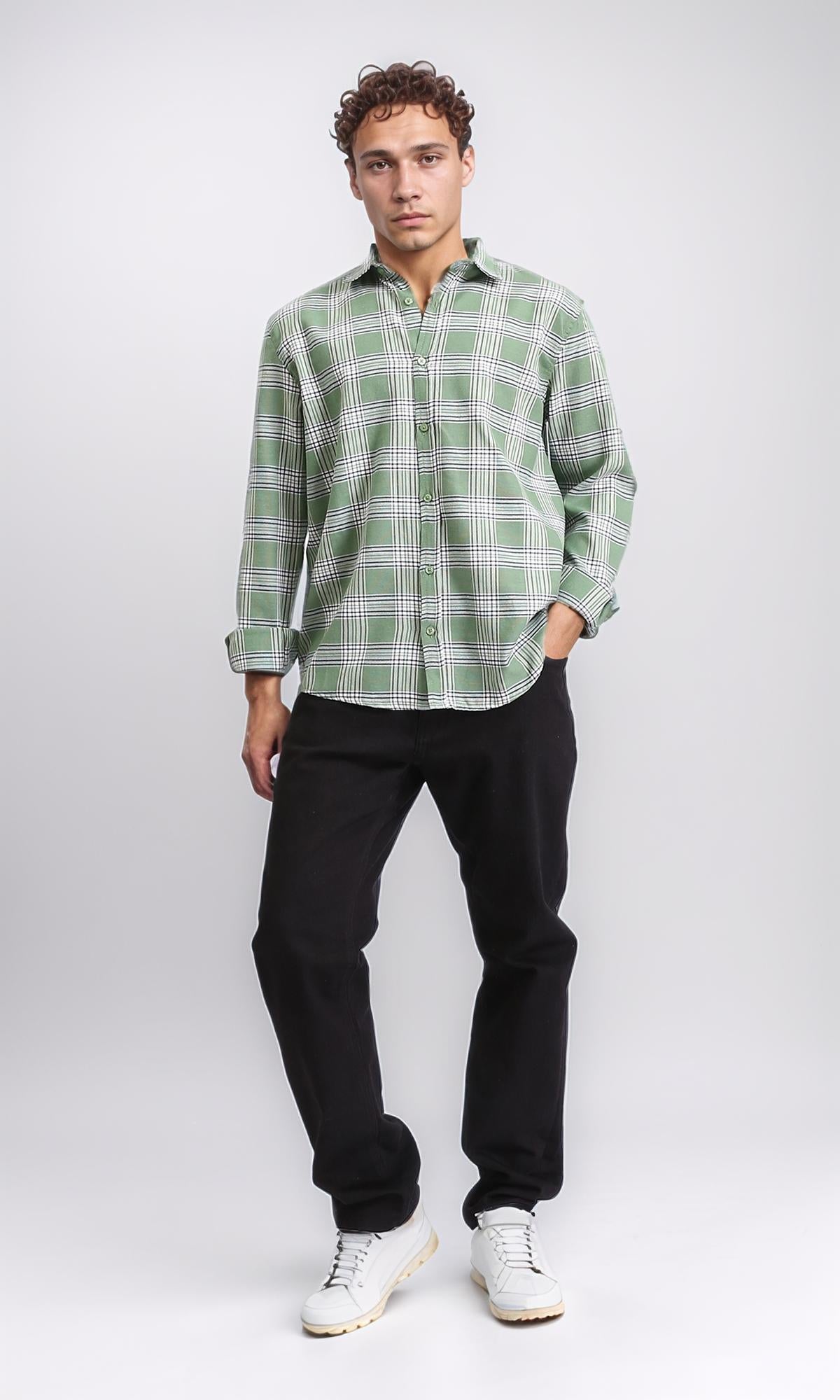 Plaid Long Sleeve Cotton Shirt for Men - Light Green & White Checkered Casual Button Up Shirt for Office, Dating & Outdoor Activities