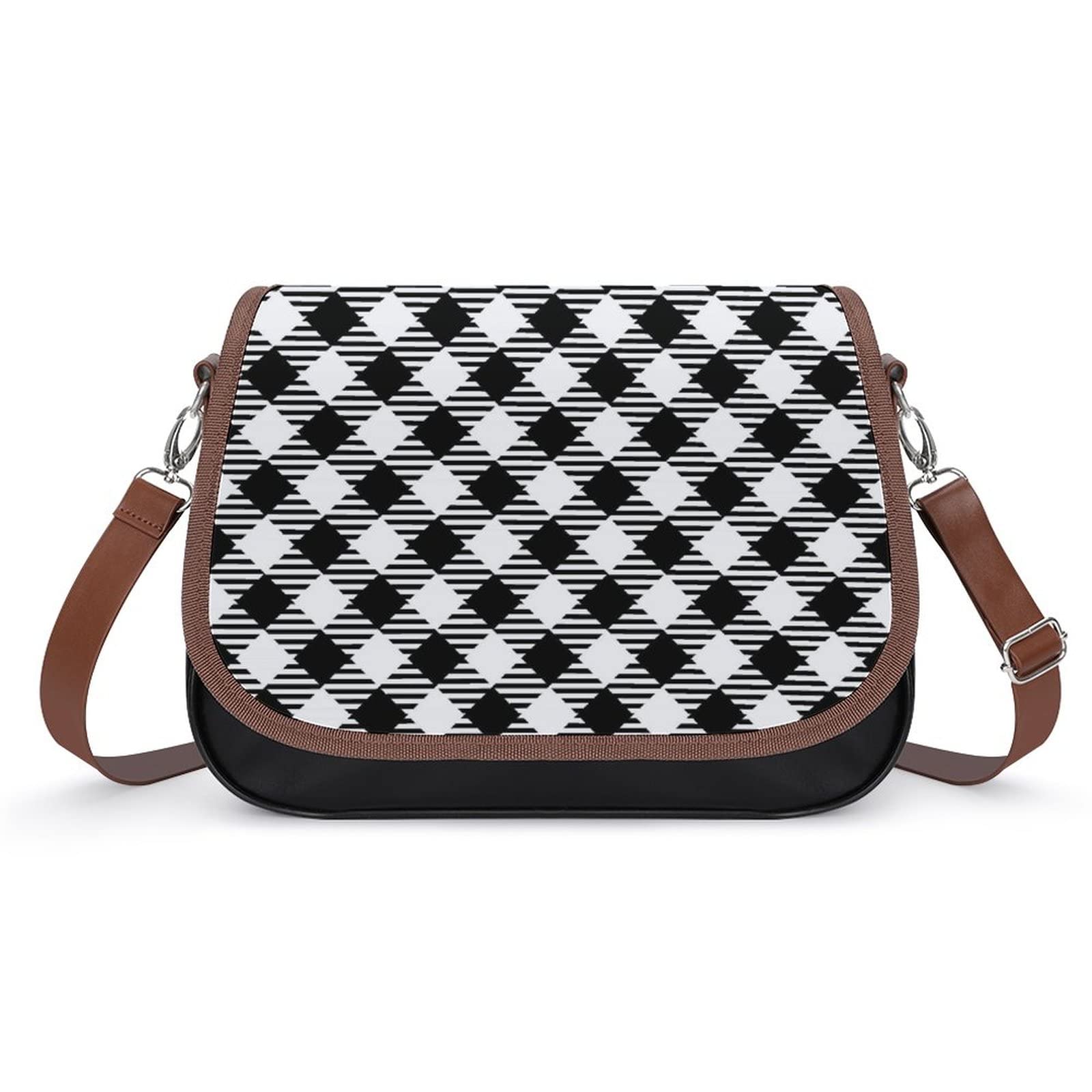 Stylish Printed Leather Shoulder Crossbody Bag for Women - Medium Hobo Satchel with Top Handle in Black & White Plaid - Perfect for Work, Travel & Everyday Use