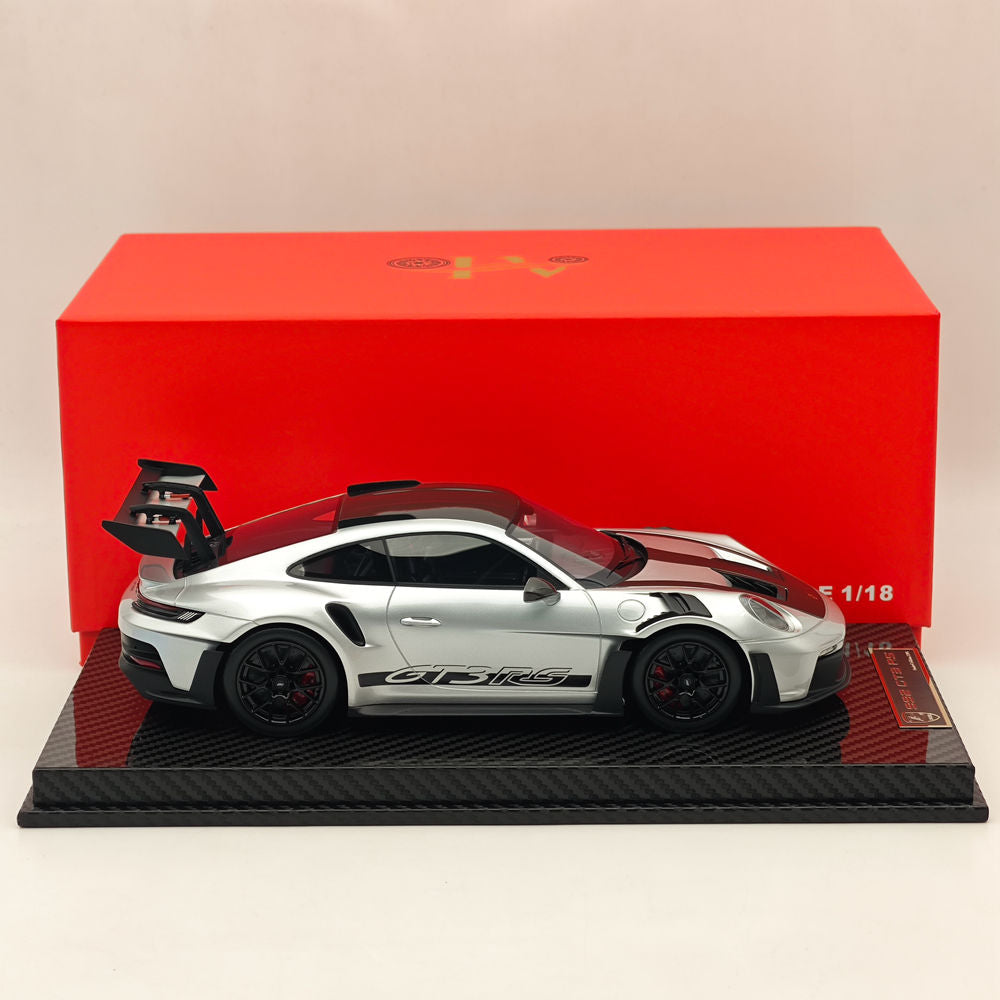 1/18 Scale Porsche 992 GT3 RS Silver Resin Die-Cast Model Car - High Quality Collectible Sports Car for Display, Gifts & Racing Enthusiasts