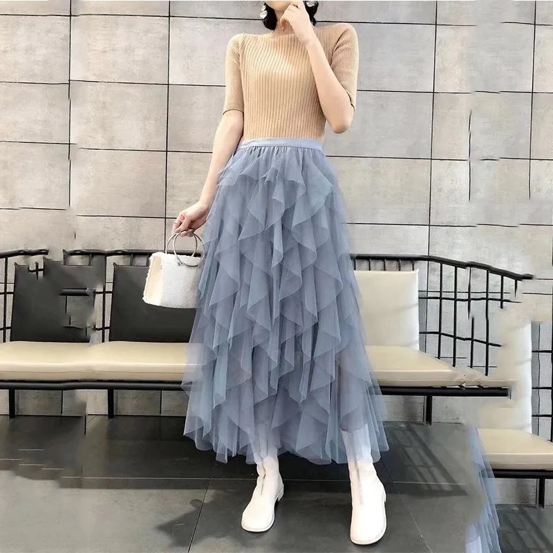 Women's Asymmetrical Mesh Skirt - High Waist Ankle Length Korean Fashion Skirt for Elegant Outfits | Perfect for Casual Wear, Office Attire & Special Occasions