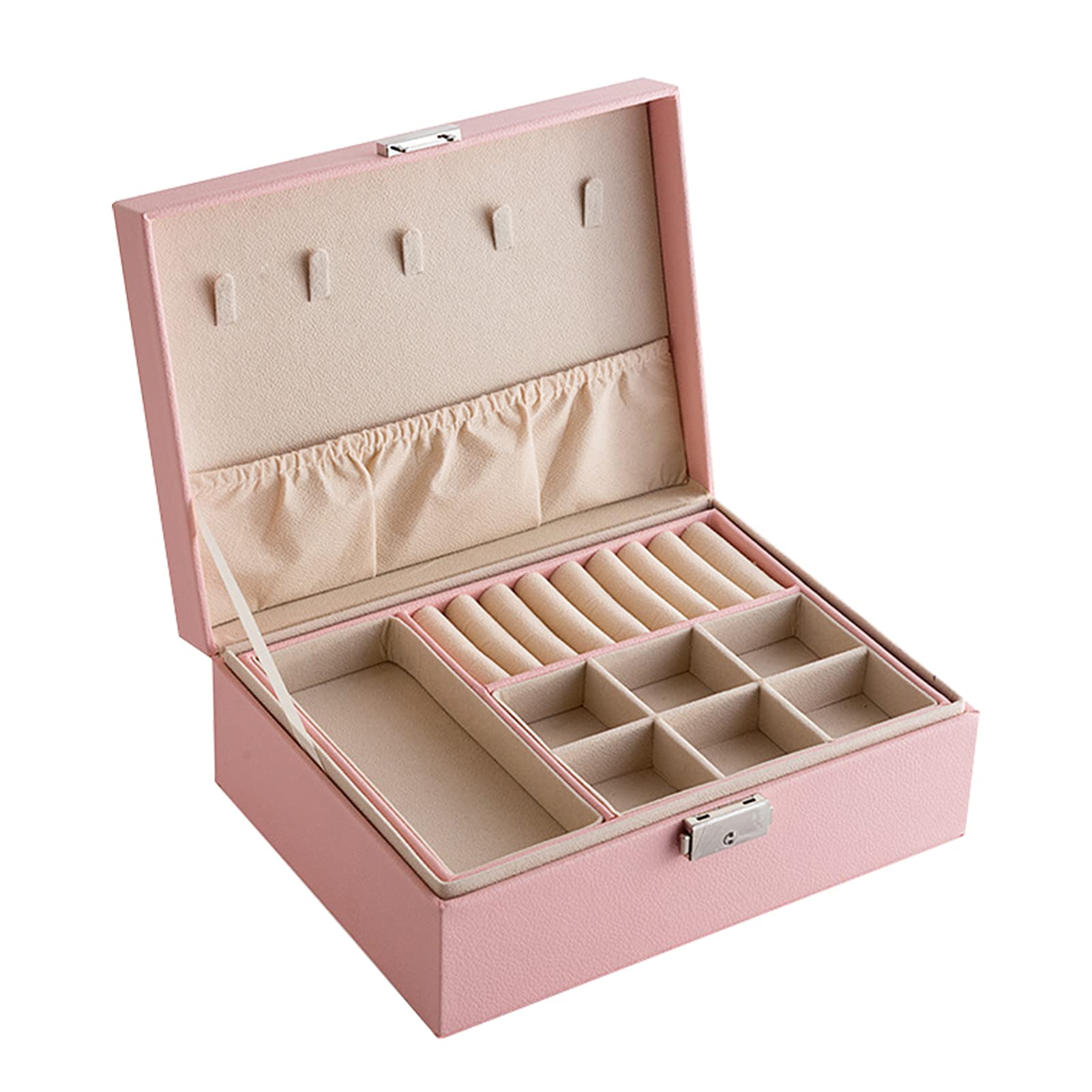 HOVTOIL Double-Layer Jewelry Organizer Box with Safety Lock - Women's Travel Jewelry Case with Microfiber Leather & Adjustable Compartments - Perfect for Ring, Necklace & Earring Storage at Home or On The Go